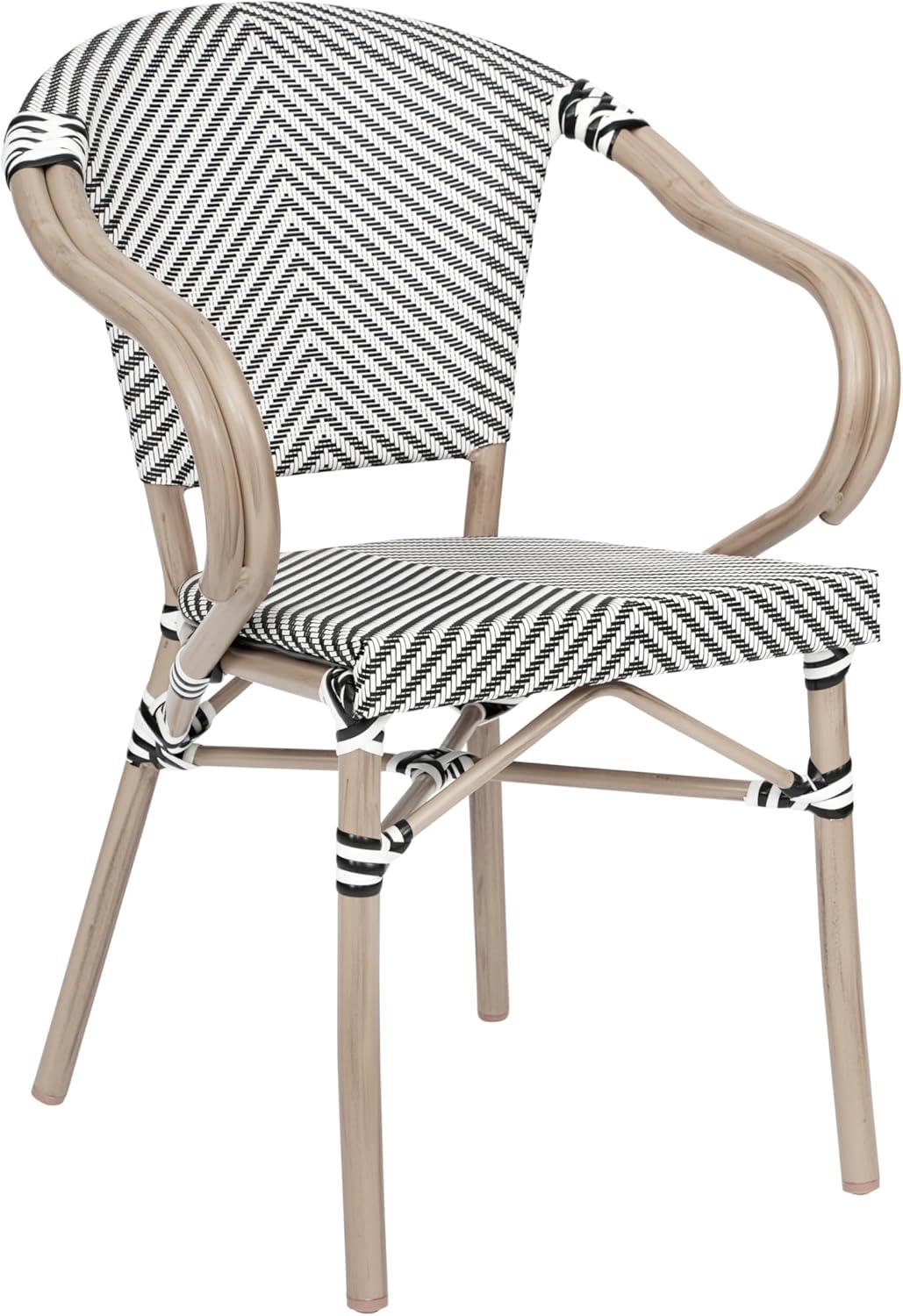 Flash Furniture Marseille Indoor/Outdoor Commercial Bistro Stacking Chair with Arms, Black/White Textilene & Bamboo Print Aluminum Frame in LT Natural