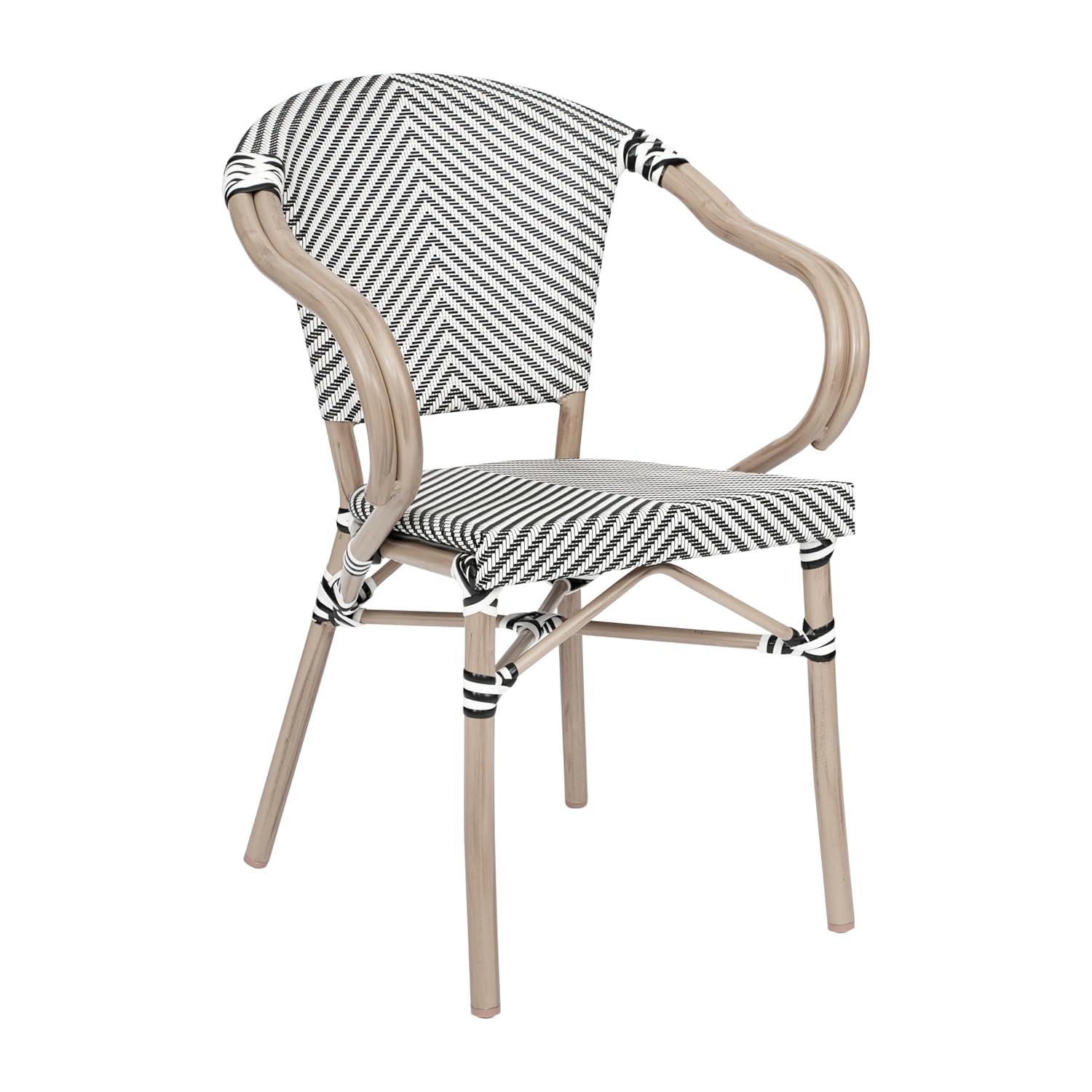 Flash Furniture Marseille Indoor/Outdoor Commercial Bistro Stacking Chair with Arms, Black/White Textilene & Bamboo Print Aluminum Frame in LT Natural