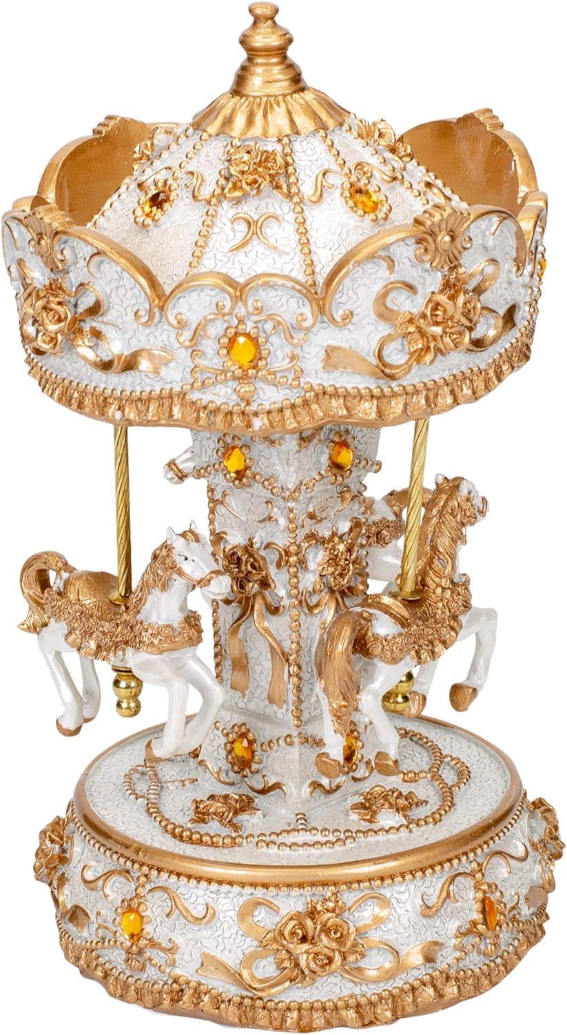 Gilded Gold Tone Horses Musical Carousel 10 inch Rotating Figurine Plays Tune Carousel Waltz