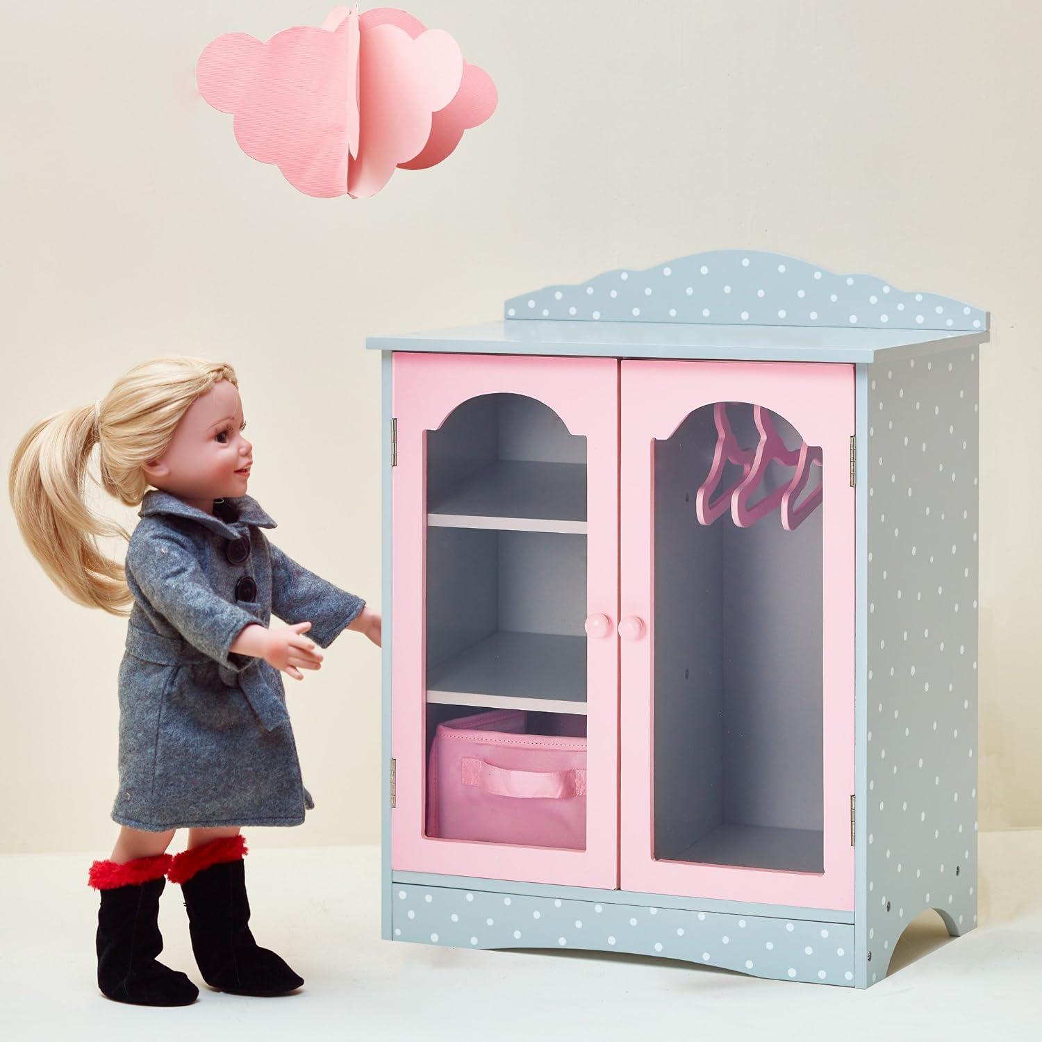 Olivia's Little World Polka Dots Princess Toy Closet with Hangers for 18" Dolls - Gray/Pink