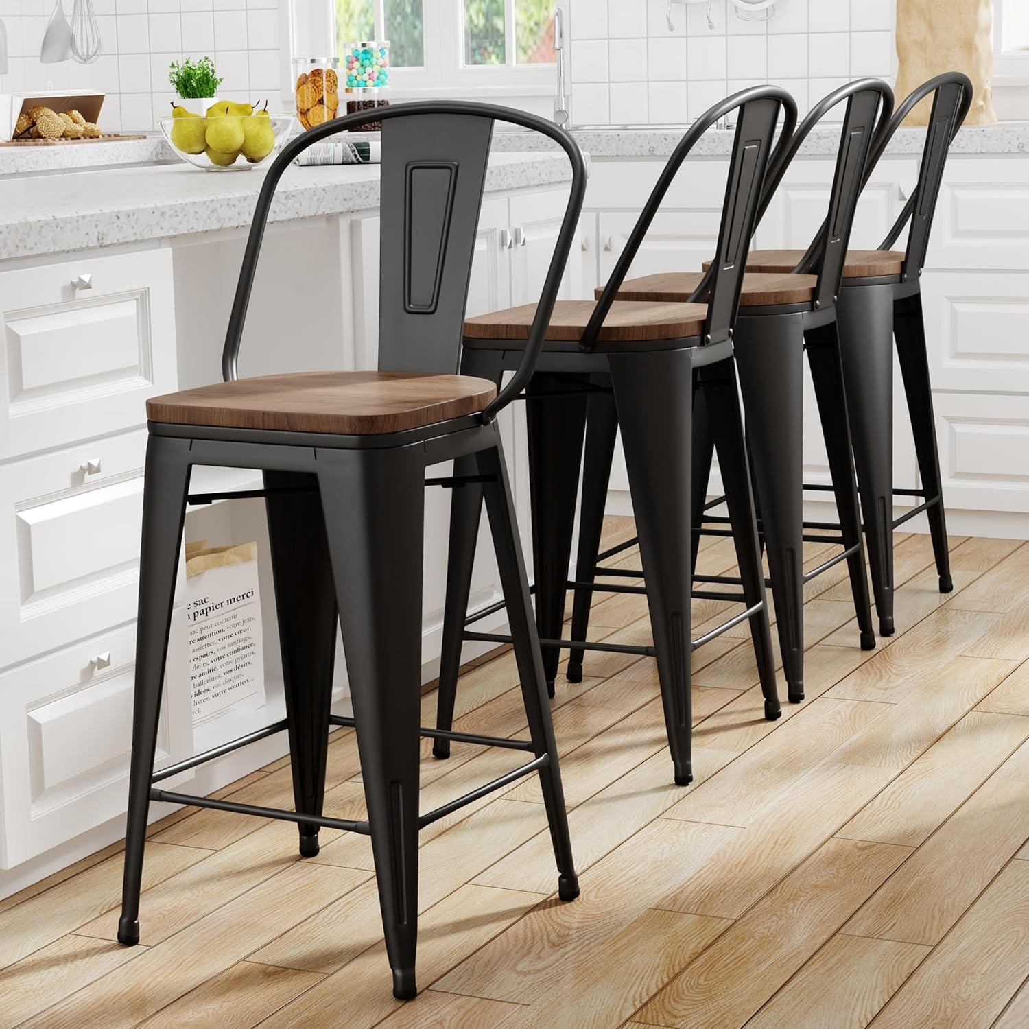 Alunaune 26" Swivel Metal Bar Stools Set of 4 High Back Counter Height Barstools Industrial Dining Bar Chairs with Large Wooden Seat-Matte Black