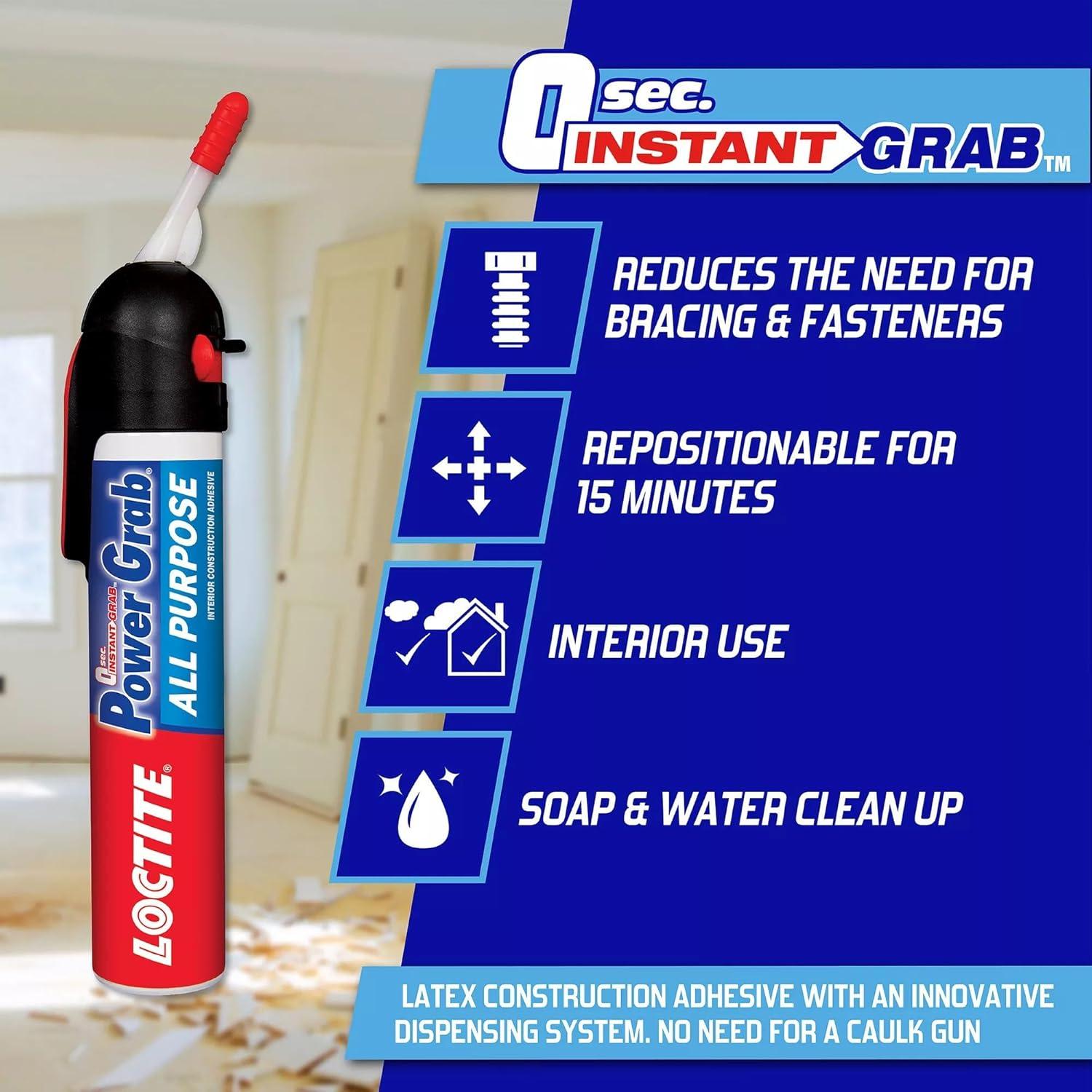 Loctite Power Grab Construction Adhesive All Purpose, Pack of 1, White 7.5 fl oz Pressure Pack