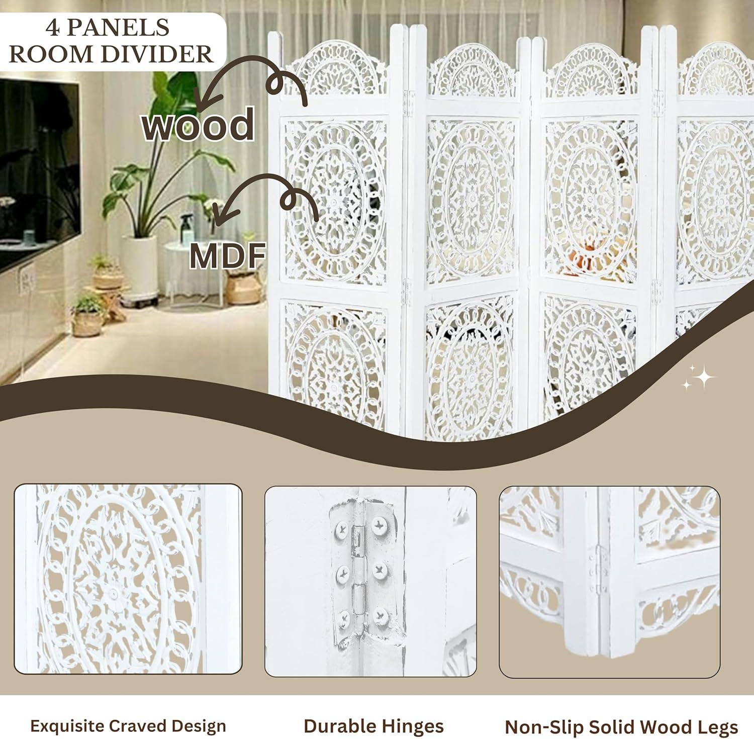 Canora Grey Light & Pro Wood Heart Design Handmade Hinged Foldable Partition 4 Panel Room Divider Screen With Intricately Carved Designs, Pre Assembled - Ready To Use - 48" X 64"