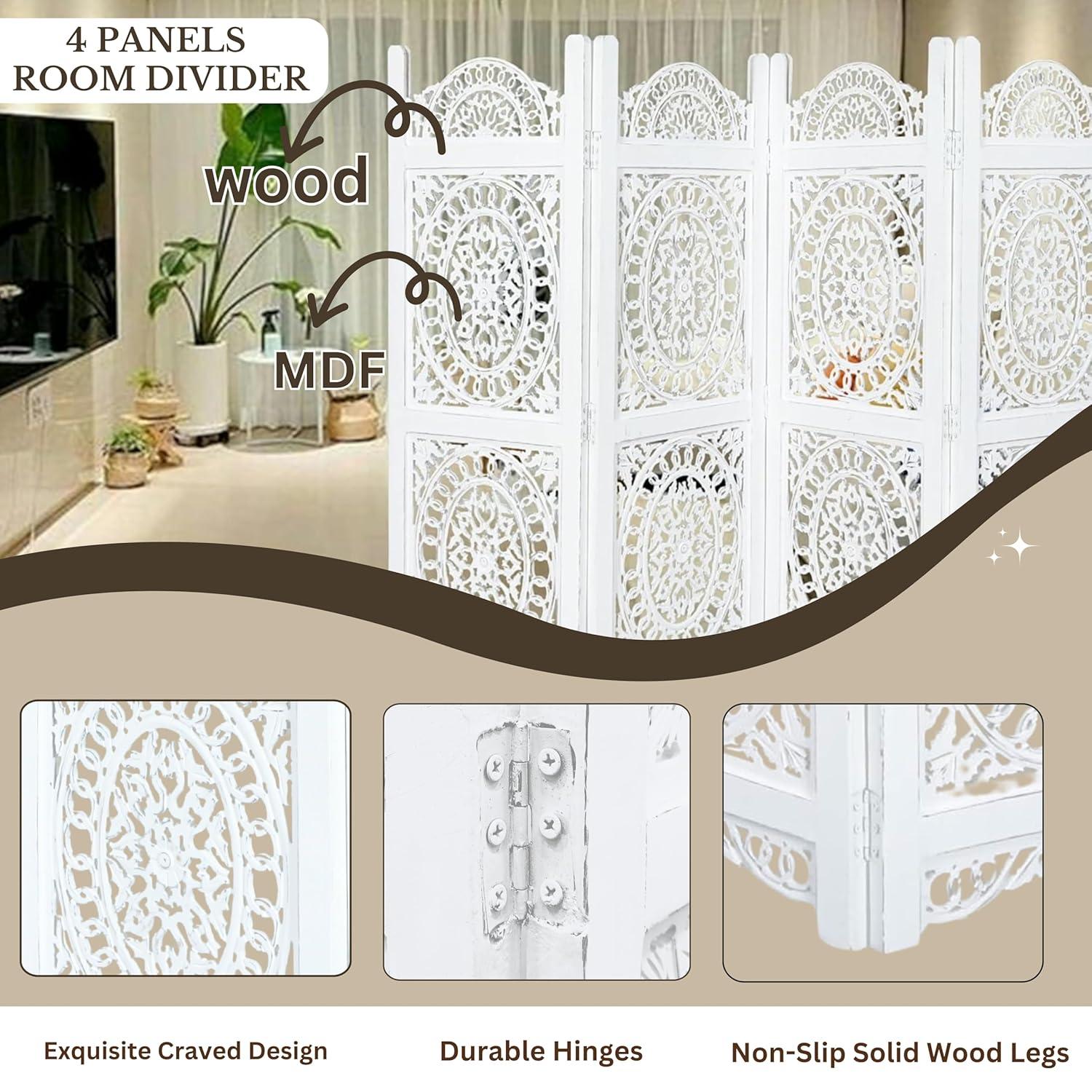 Canora Grey Light & Pro Wood Heart Design Handmade Hinged Foldable Partition 4 Panel Room Divider Screen With Intricately Carved Designs, Pre Assembled - Ready To Use - 48" X 64"