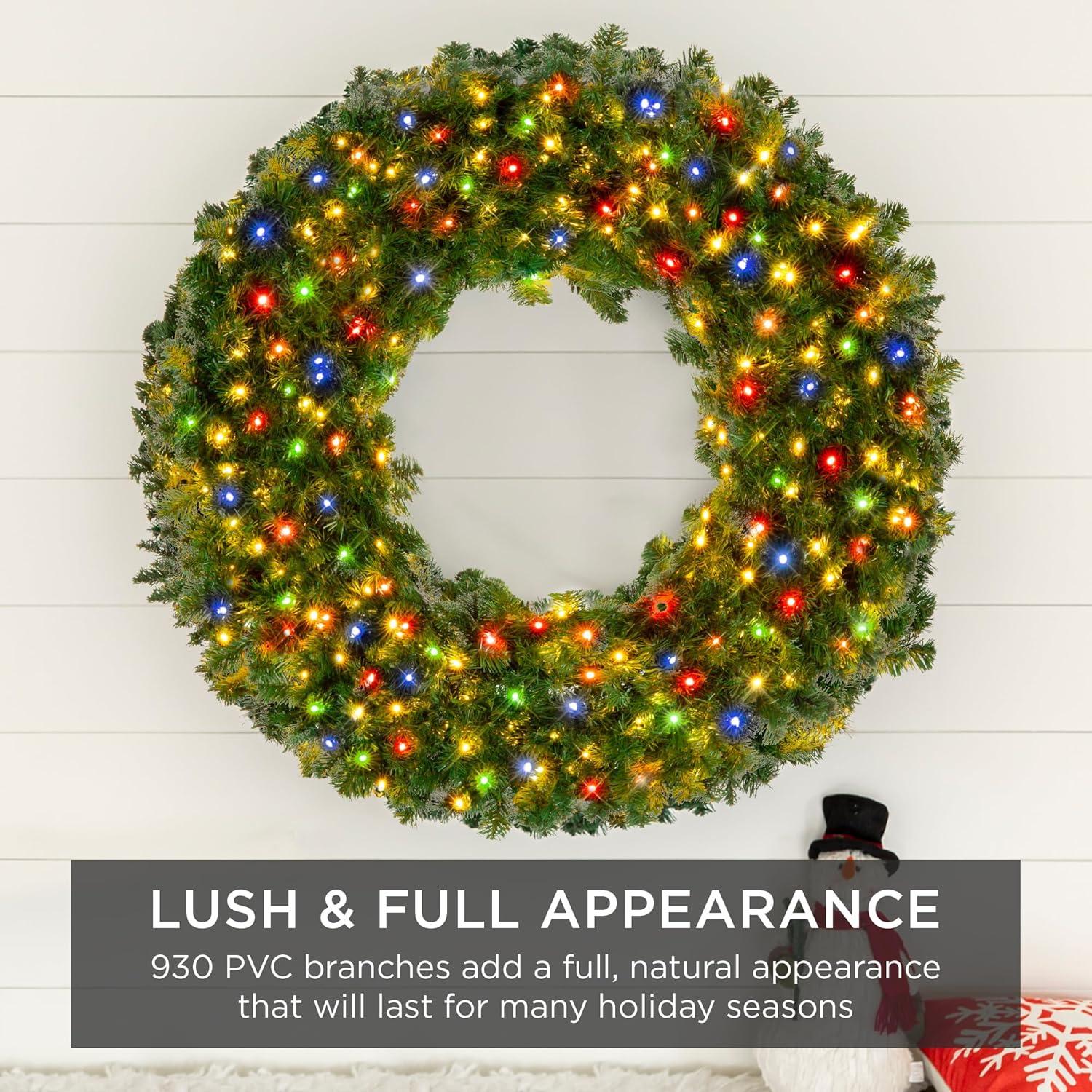 Best Choice Products Artificial Pre-Lit Fir Christmas Wreath Decoration w/ Multicolor Lights, Tips