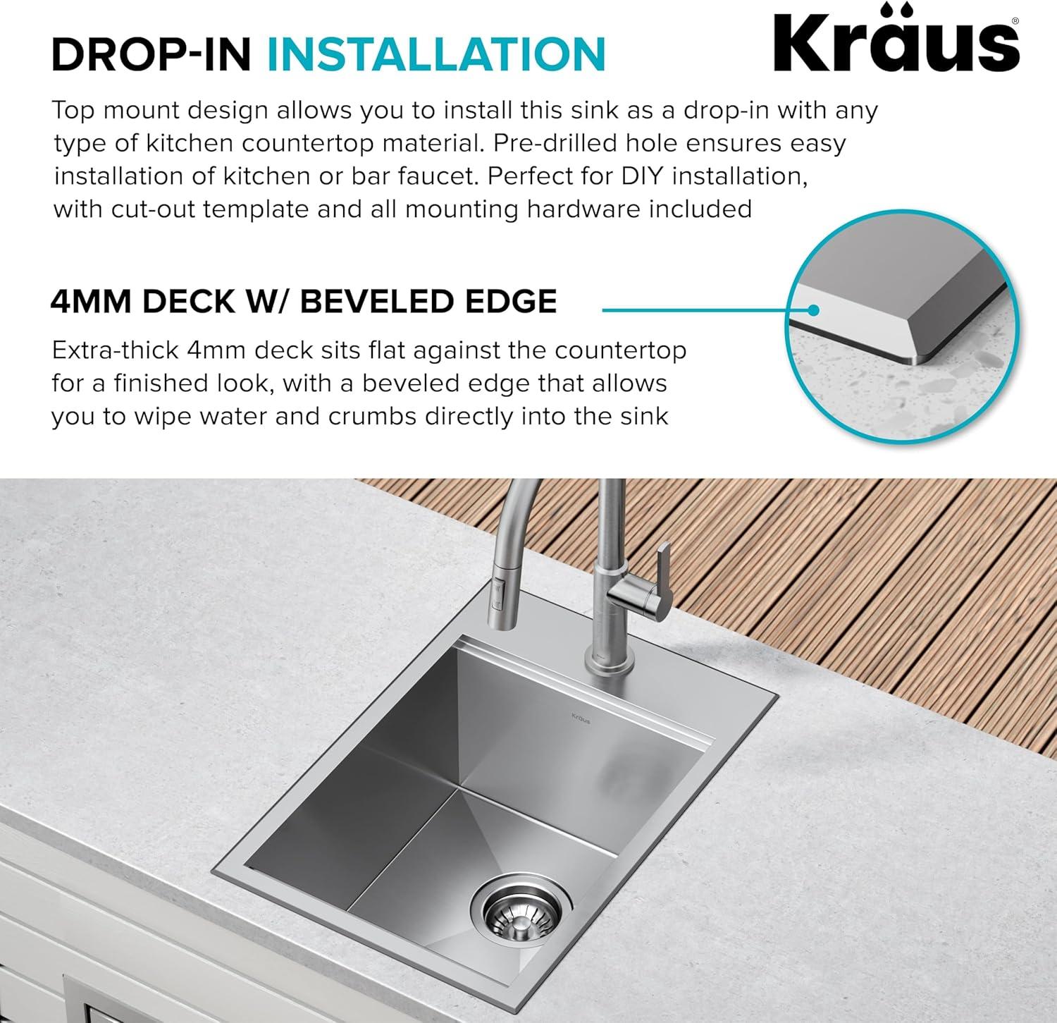 KRAUS® Kore 15" Drop In / Top Mount Workstation 16 Gauge Single Bowl Stainless Steel Bar Kitchen Sink with Accessories