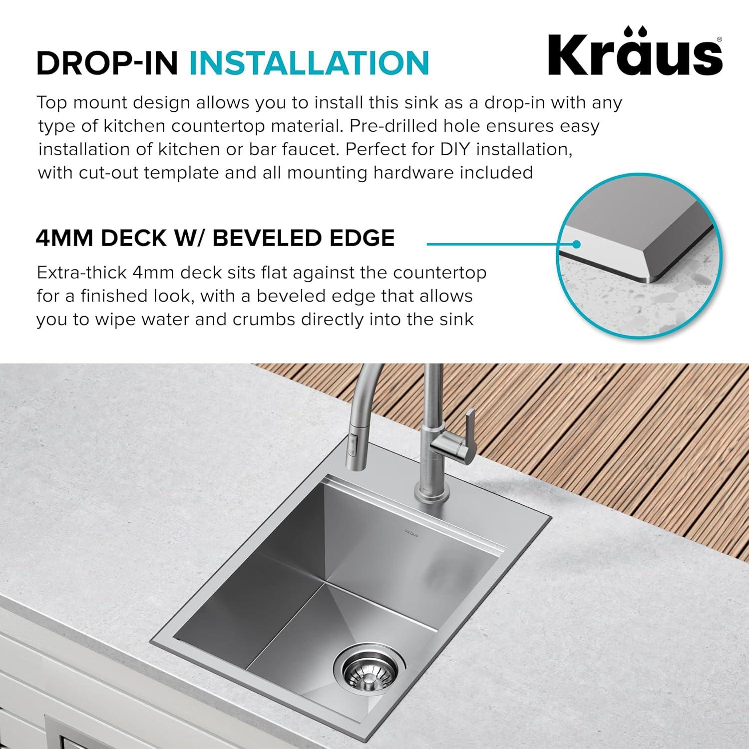 Kraus KWT311-15 KRAUS® Kore 15" Drop In / Top Mount Workstation 16 Gauge Single Bowl Stainless Steel Bar Kitchen Sink with Accessories