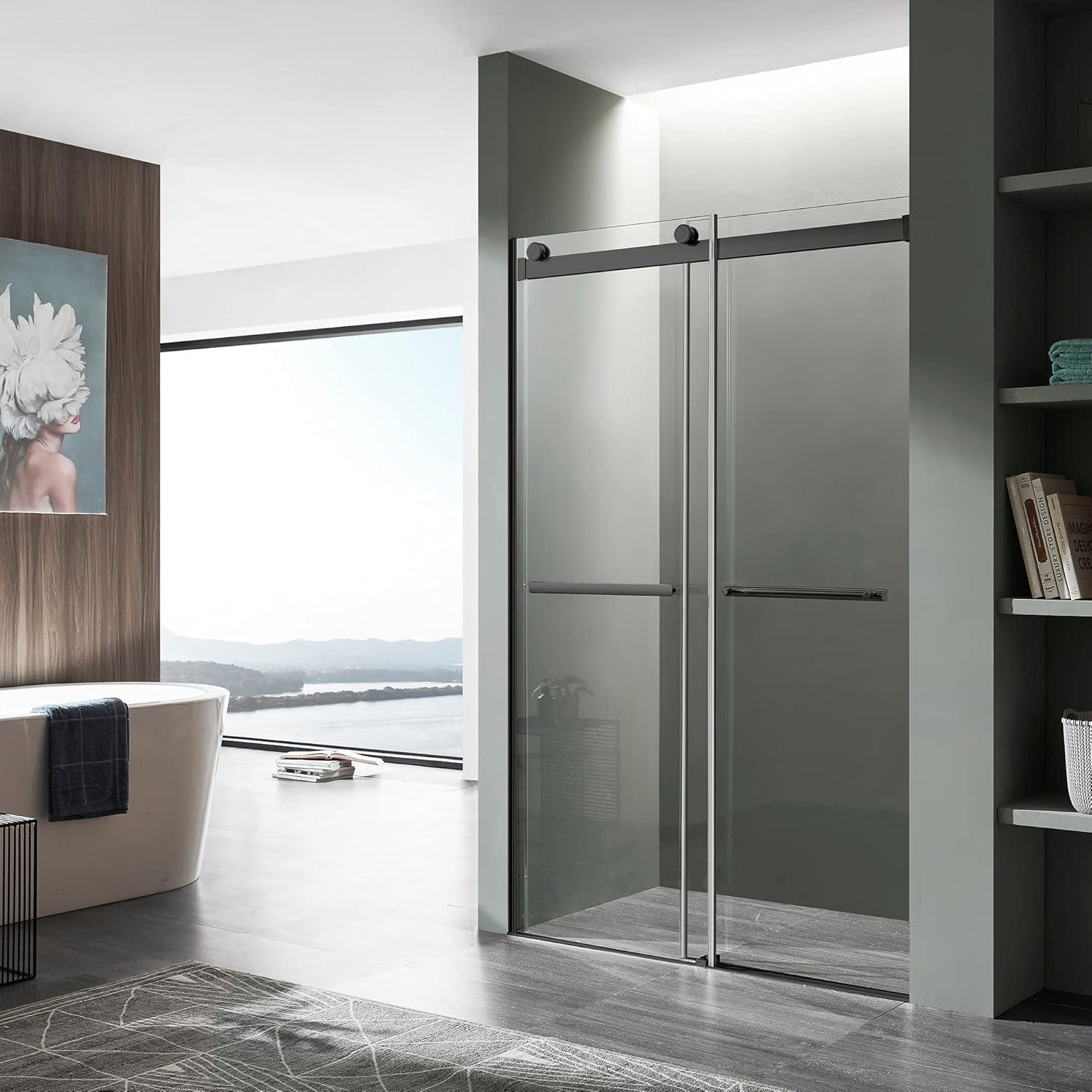 Anzzi SD-FRLS05802MB 60 W x 76 H Frameless Sliding Shower Door with Horizontal Handle, Matte Black