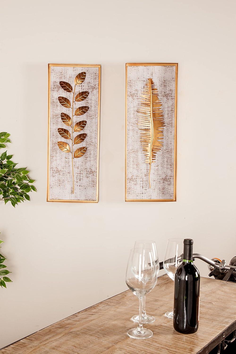 DecMode Gold Metal Framed 3D Leaf Wall Decor with Distressed Wood Backing (3 Count)