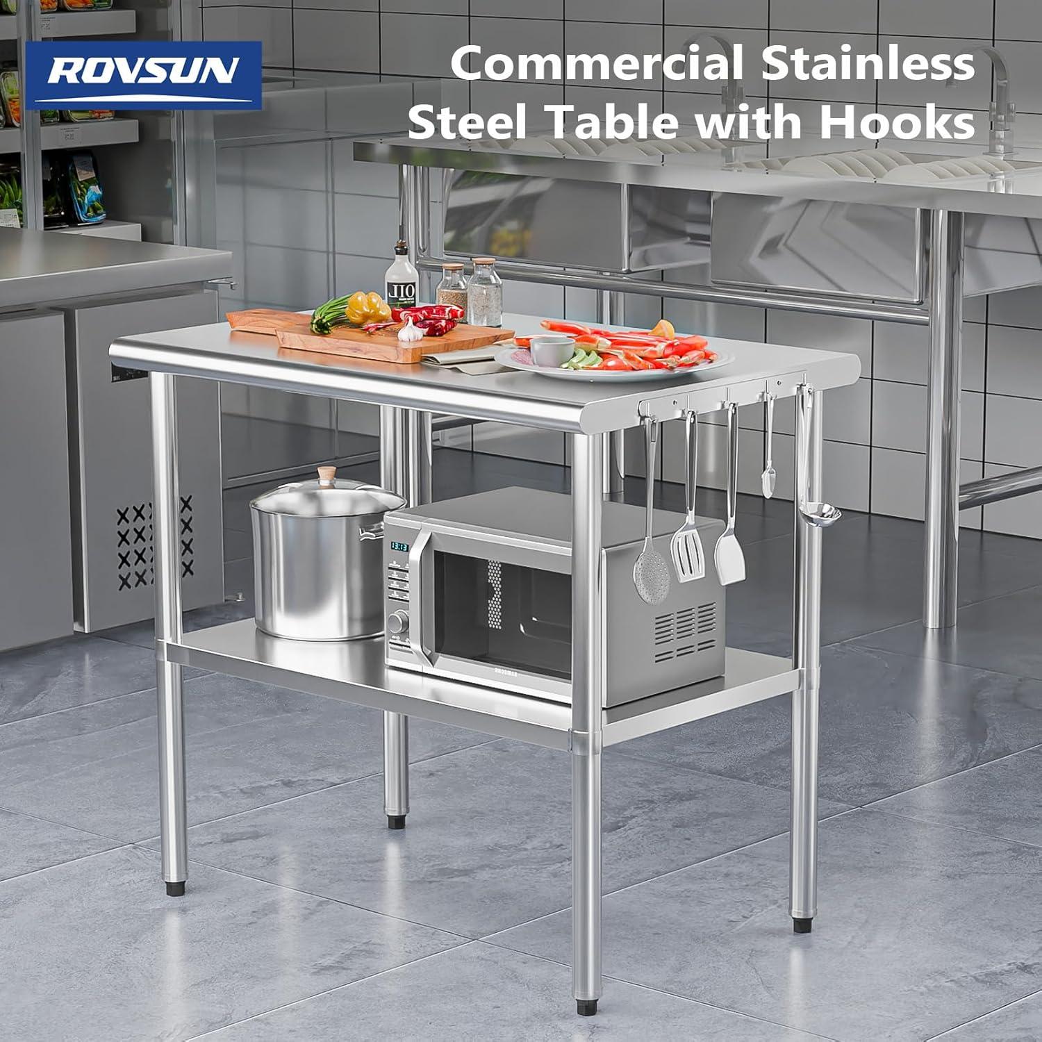 ROVSUN 30'' x 24'' Stainless Steel Table for Prep & Work, Metal Table with Undershelf for Kitchen Restaurant, Home