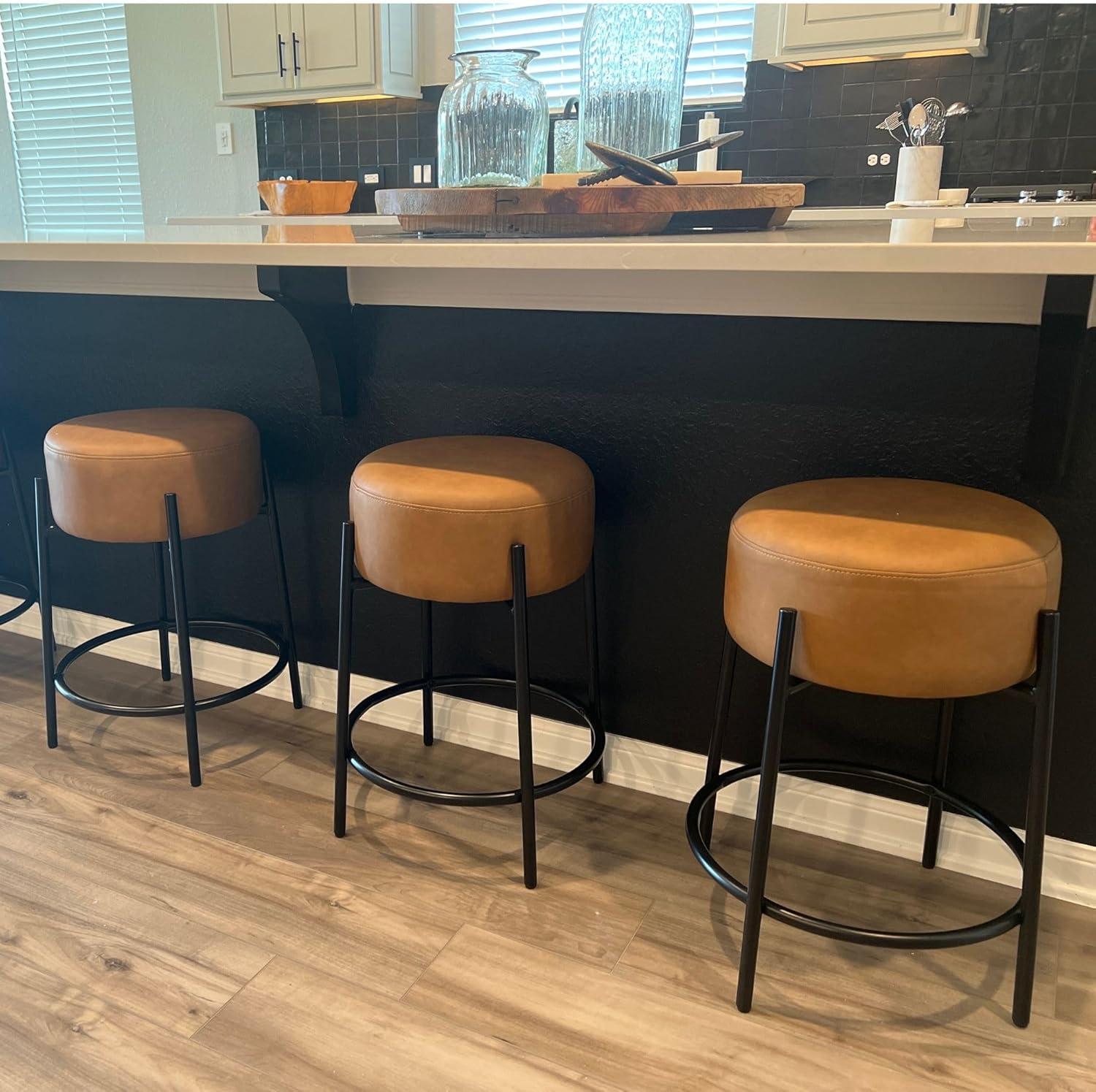 Nathan James Set of 4 Isaac Backless Barstools Brown Faux Leather