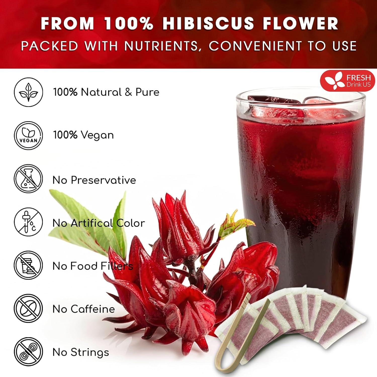 FreshDrinkUS, Premium 140 Hibiscus Flowers Tea Bags, 100% Natural, Handmade, Pure from Hibiscus Flowers. Loose Flower Hibiscus Herbal Tea. Hibiscus Flower Tea. No Sugar/Caffeine/Gluten, Vegan.