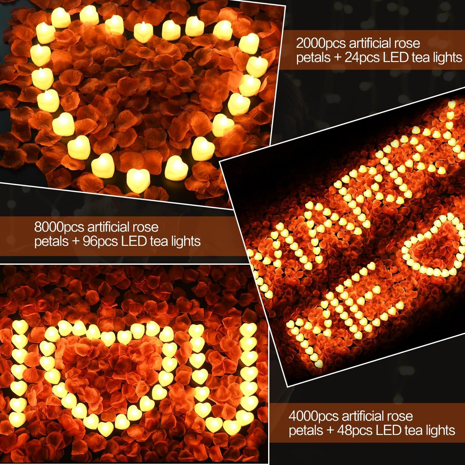 Red Flameless LED Tealights with Artificial Rose Petals Kit