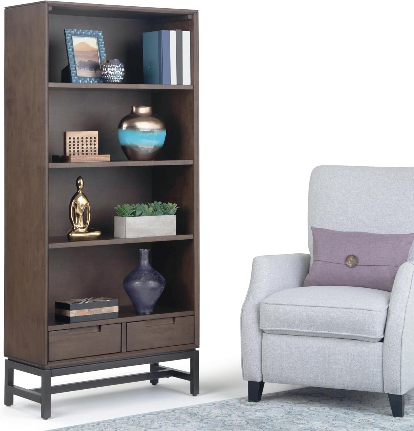 Banting 30"W Solid Wood 4 Shelf Industrial Bookcase with 2 Drawers, Adjustable Shelves, and Metal Base