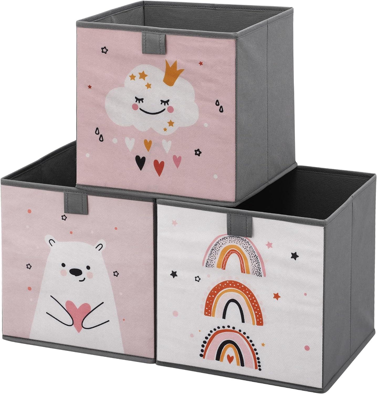 Navaris Kids Storage Cubes (Set of 3) - Storage Boxes 11x11x11" with Animal Designs - Children's Cube Bins Fabric Organizer Bin - Pink/White