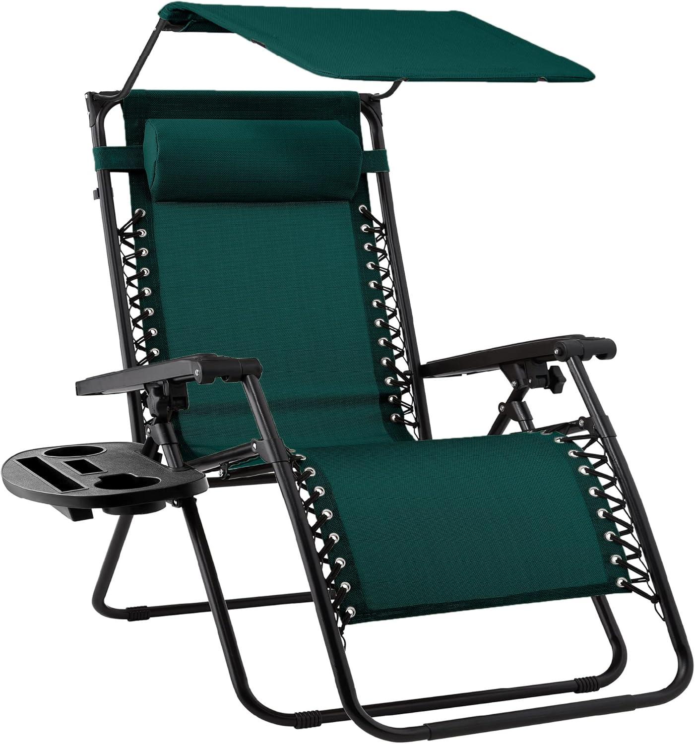 Best Choice Products Folding Zero Gravity Recliner Patio Lounge Chair w/ Canopy Shade, Headrest, Tray - Forest Green