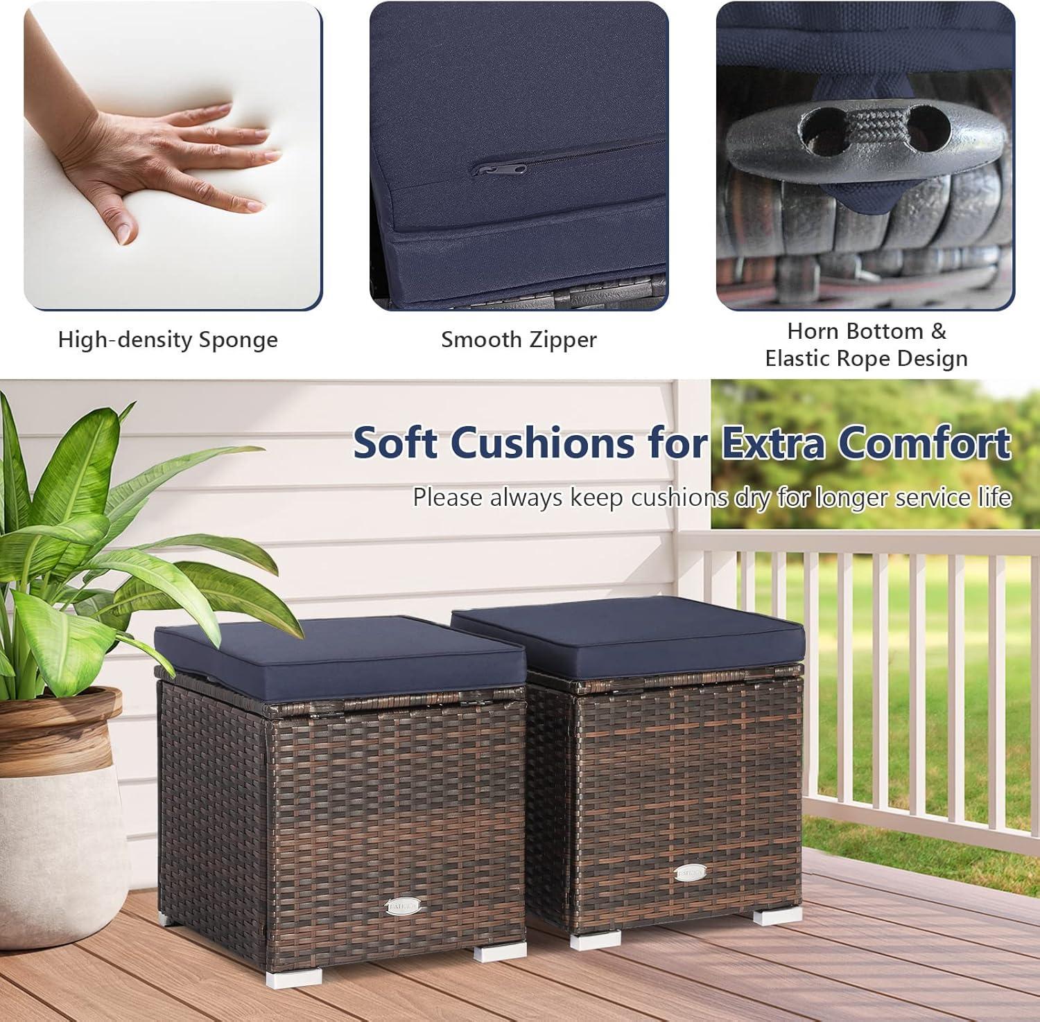 Navy Cushioned PE Rattan Storage Ottomans Set