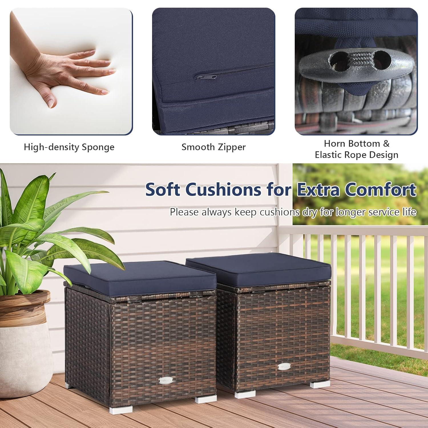 Navy Cushioned PE Rattan Storage Ottomans Set