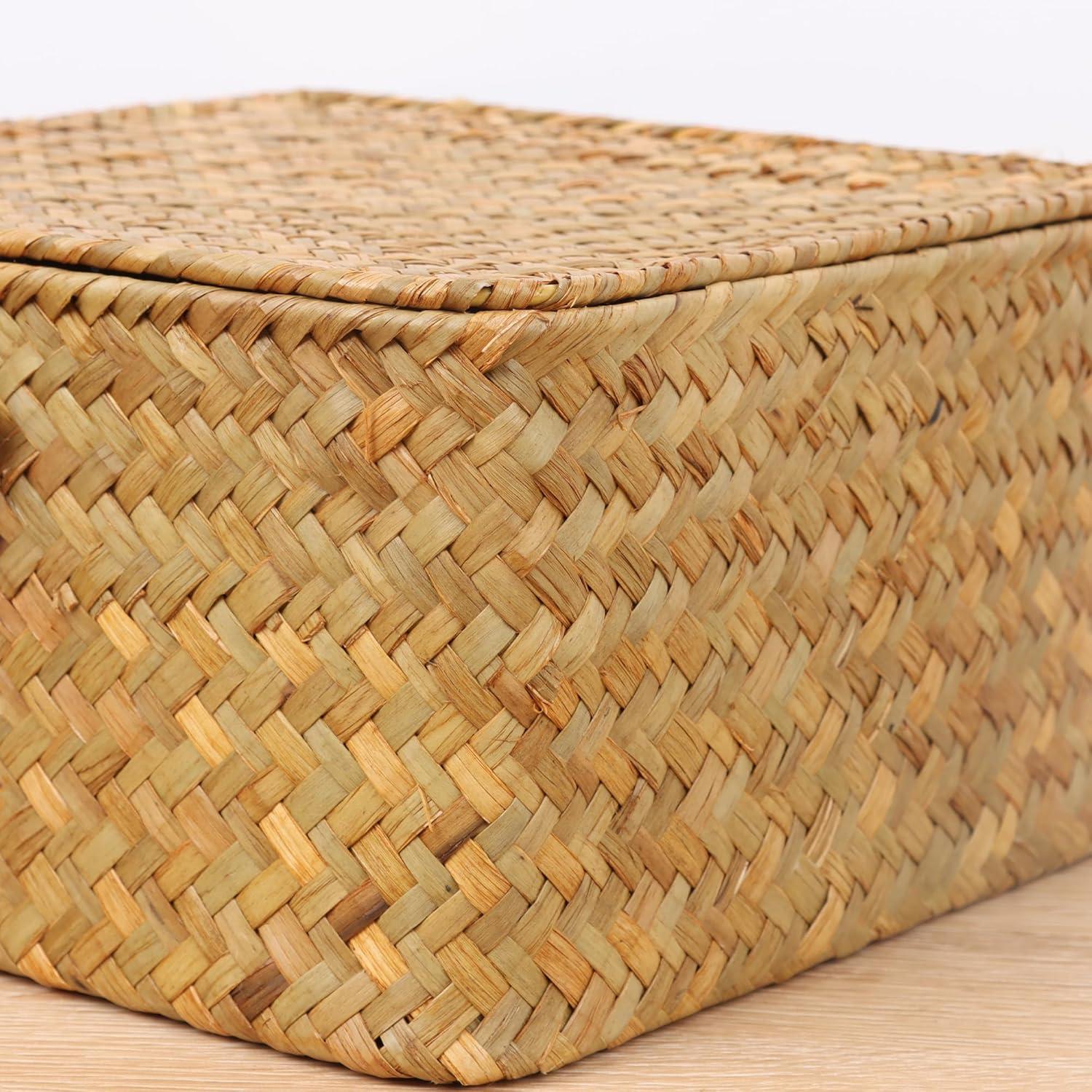 Wicker Shelf Baskets with Lid, Handwoven Seagrass Storage Basket Bins Square Gift Boxes for Shelves Home Decor Organizer (Natural, Set of 4)