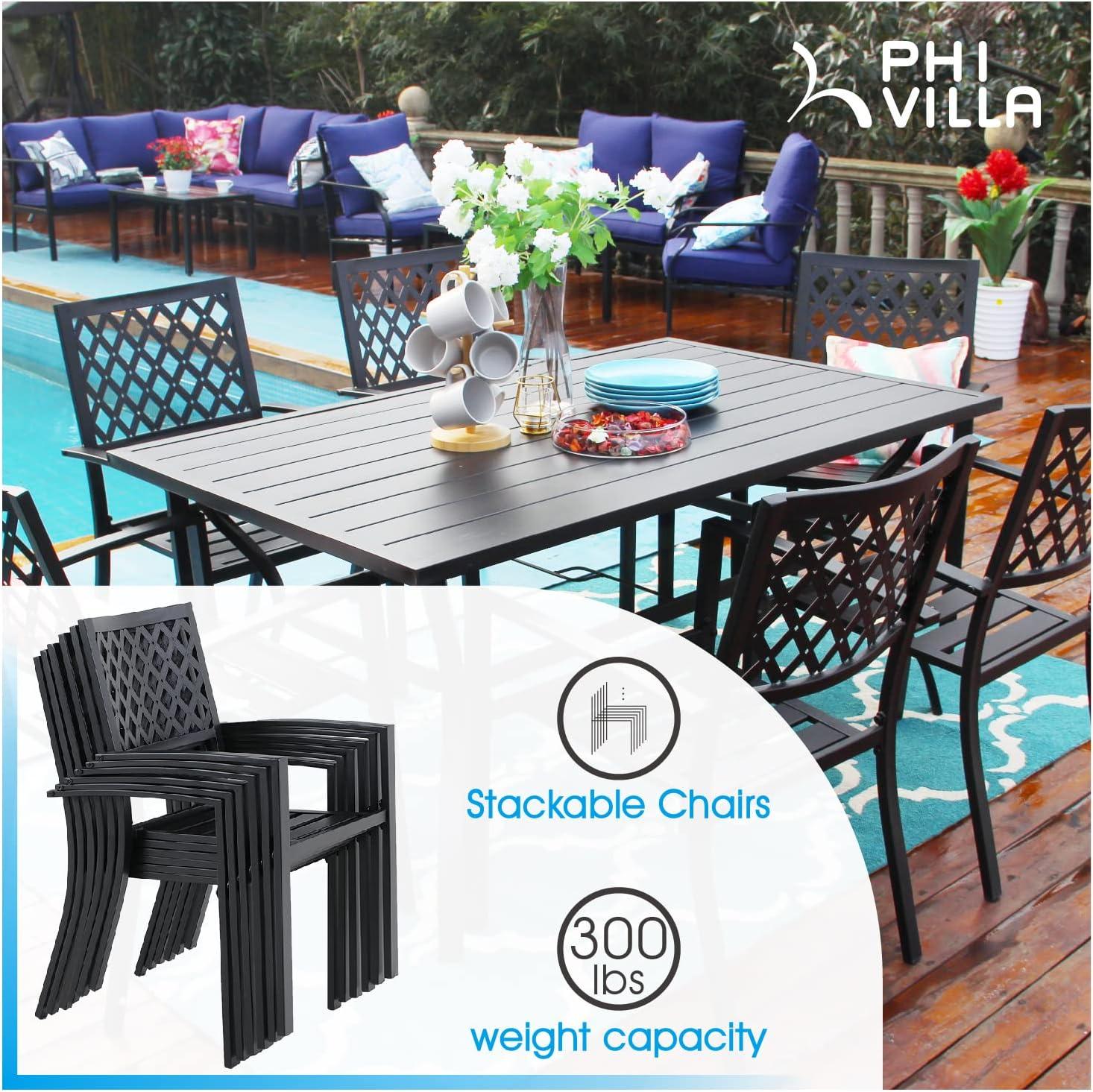 Black Steel Stackable Outdoor Dining Armchairs with Lattice Back (Set of 4)