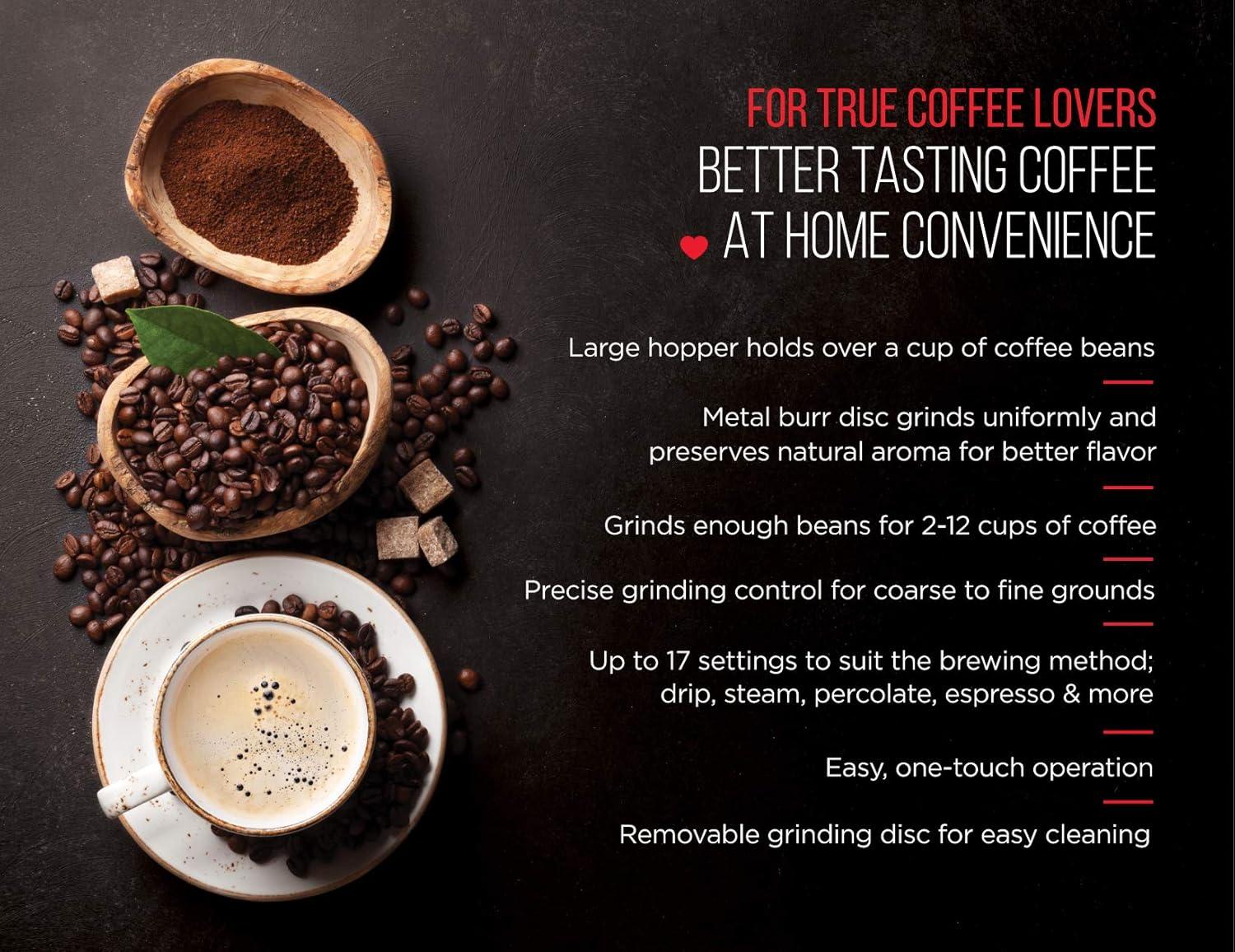 Chefman Coffee Grinder Electric Burr Mill 8oz Beans Large Hopper Easy One Touch Operation, Cleaning Brush Included Black