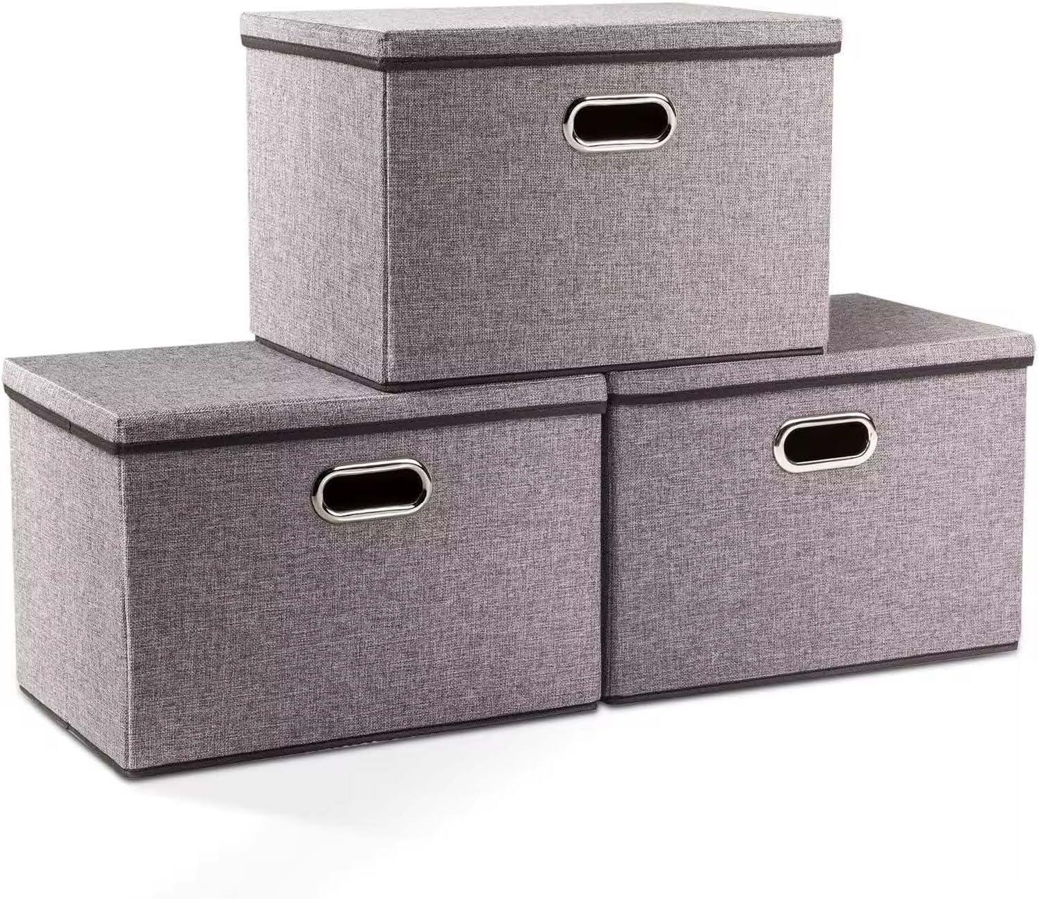 3 Pack Collapsible storage bins with lid. Foldable Storage bins for shelves, closet, office bedroom, or nursery. Containers made with linen fabric and stainless steel handles for organizing.