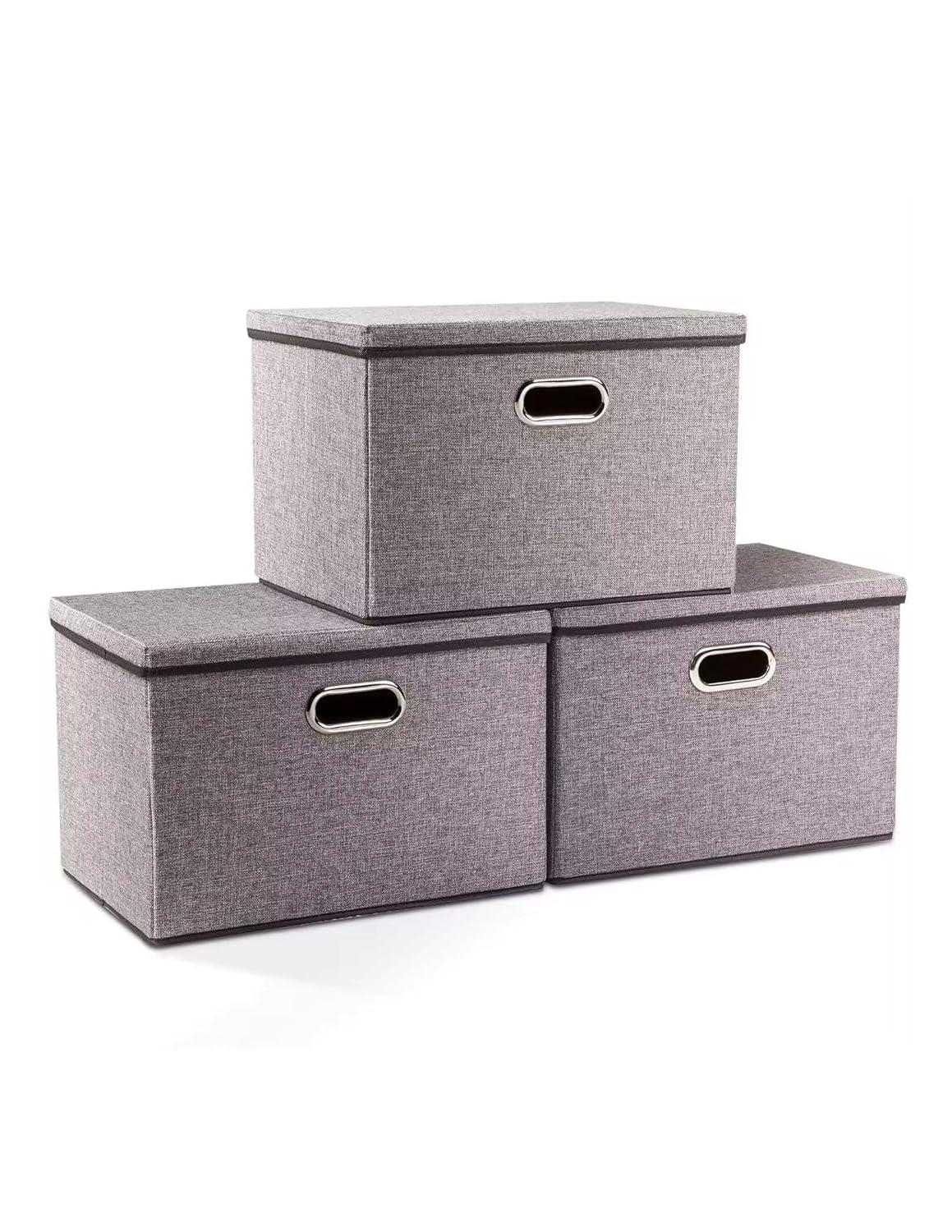 3 Pack Collapsible storage bins with lid. Foldable Storage bins for shelves, closet, office bedroom, or nursery. Containers made with linen fabric and stainless steel handles for organizing.