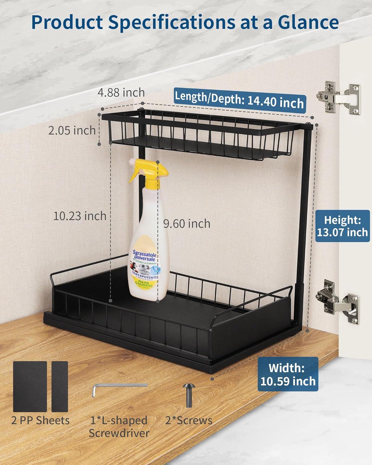 Sunnycome Under Sink Organizer,2 Tier L-shaped Sliding Pull-out Multi Purpose Cabinet Organizers for Bathroom Kitchen