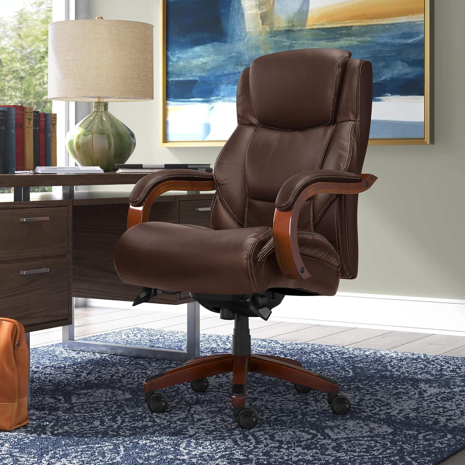 La-Z-Boy La-Z-Boy Delano Big & Tall Executive Office Chair, Ergonomic Mid-Back with Body Pillow Lumbar Support, ComfortCore® with Memory Foam Cushion, Mahogany Wood Arms and Swivel Base, Bonded Leather