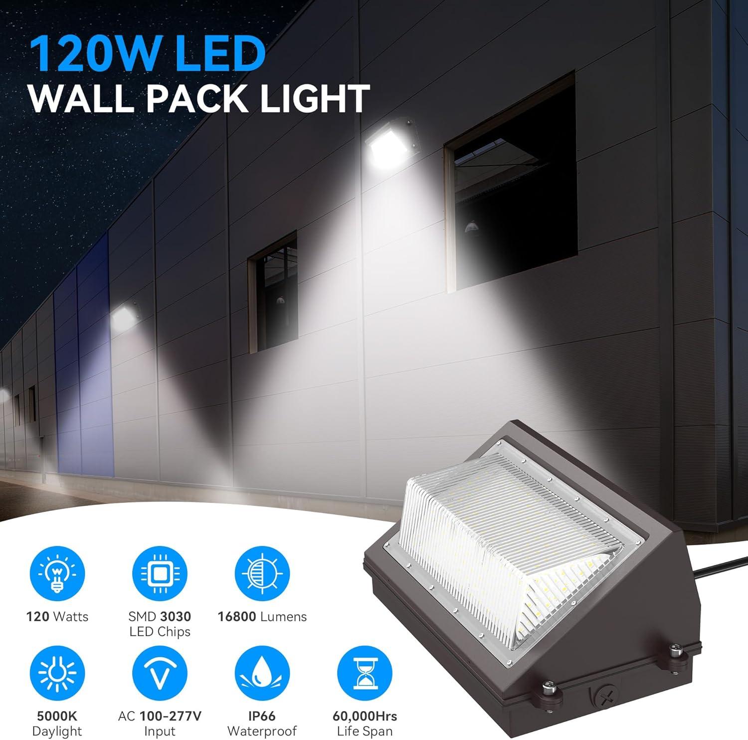 120W Black Aluminum LED Wall Pack Light with Dusk-to-Dawn Sensor