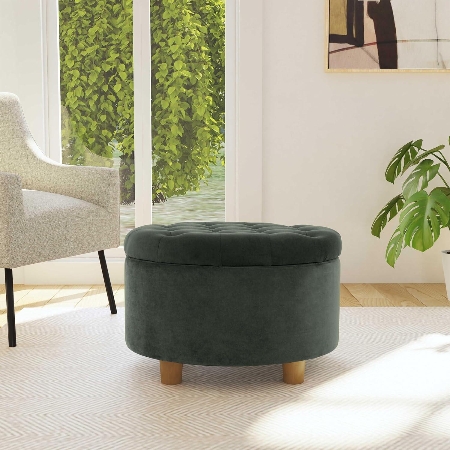 Loden Green Velvet Tufted Round Storage Ottoman with Wood Legs