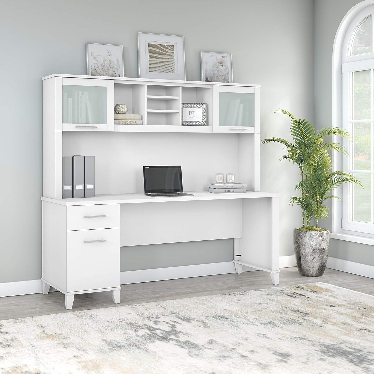 Somerset 72W Office Desk with Drawers and Hutch in White - Engineered Wood