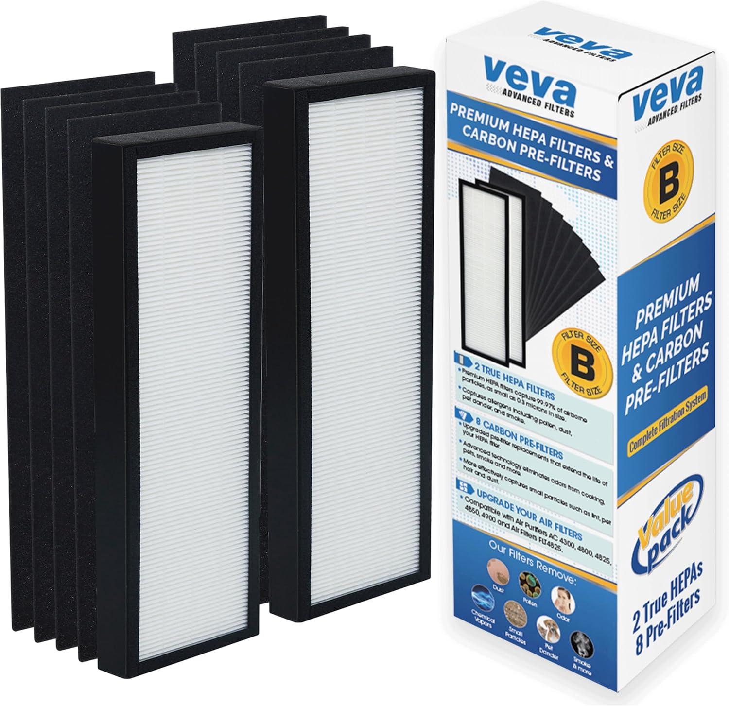 Veva HEPA Filter B Replacement, Pack of 2 with 8 Carbon Pre-Filters