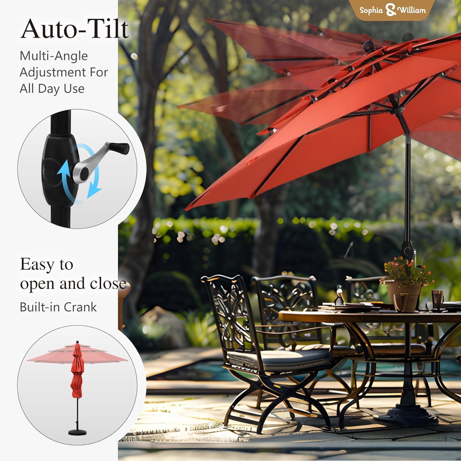 10ft Orange Red Polyester 3-Tier Vented Patio Umbrella with Auto-Tilt