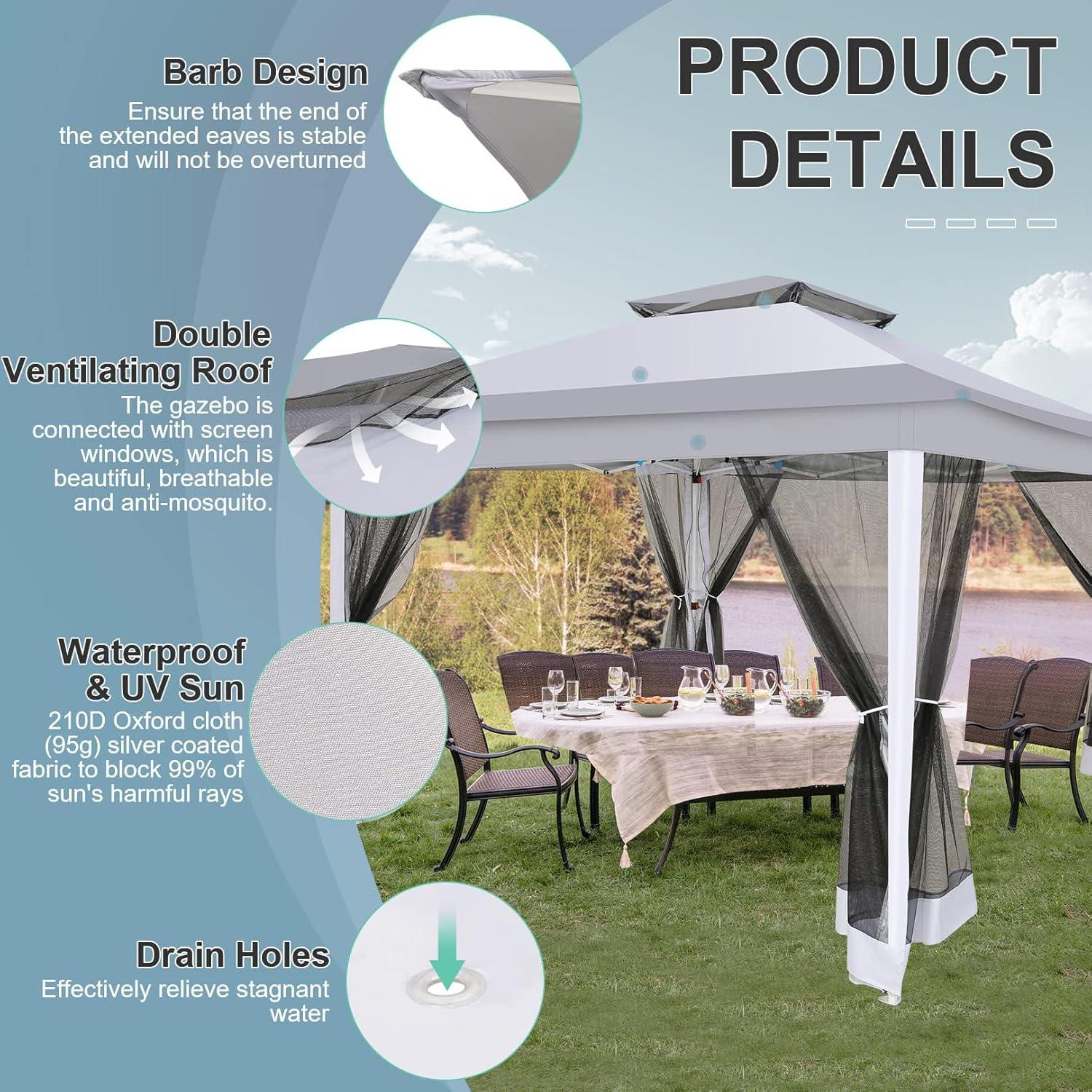 COBIZI 12'x12' Pop-up Gazebo Patio Gazebo Outdoor Gazebo Canopy with Mosquito Netting Patio Tent Backyard Canopy with 2-Tiered Vented Top 3 Adjustable Height and 144 Square ft of Shade, Gray