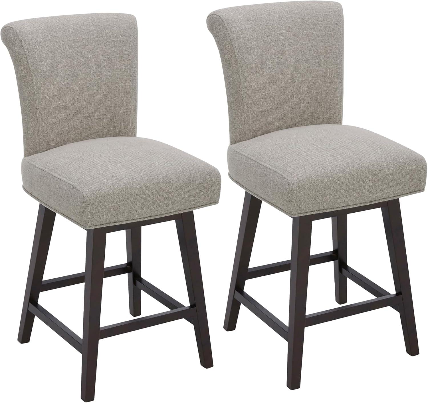 Flax Beige Upholstered Swivel Counter Stools with Wood Legs, Set of 2