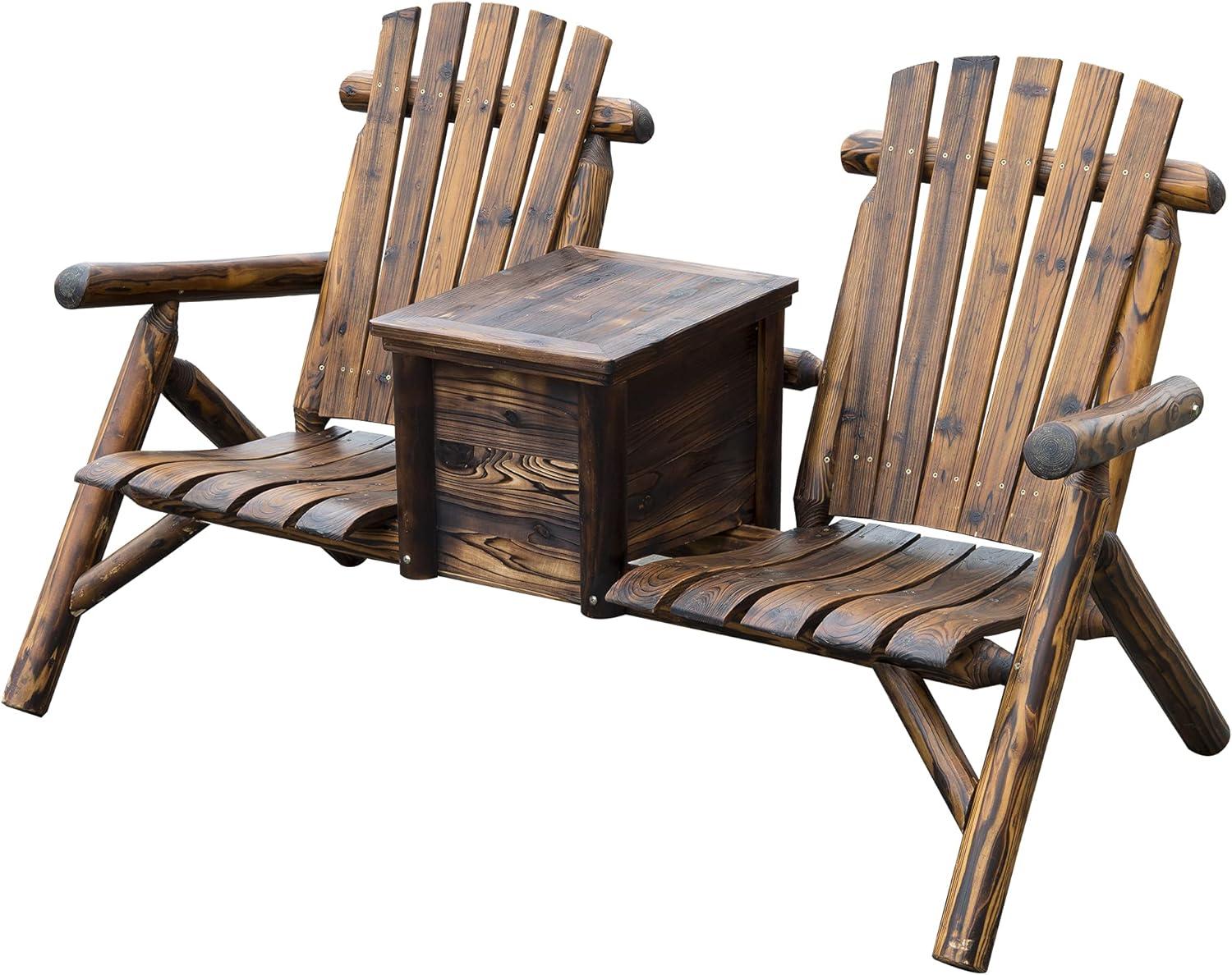 Outsunny Wooden Double Adirondack Chair Loveseat with Inset Ice Bucket, Table, Rustic Look, & Weather-Resistant Varnish