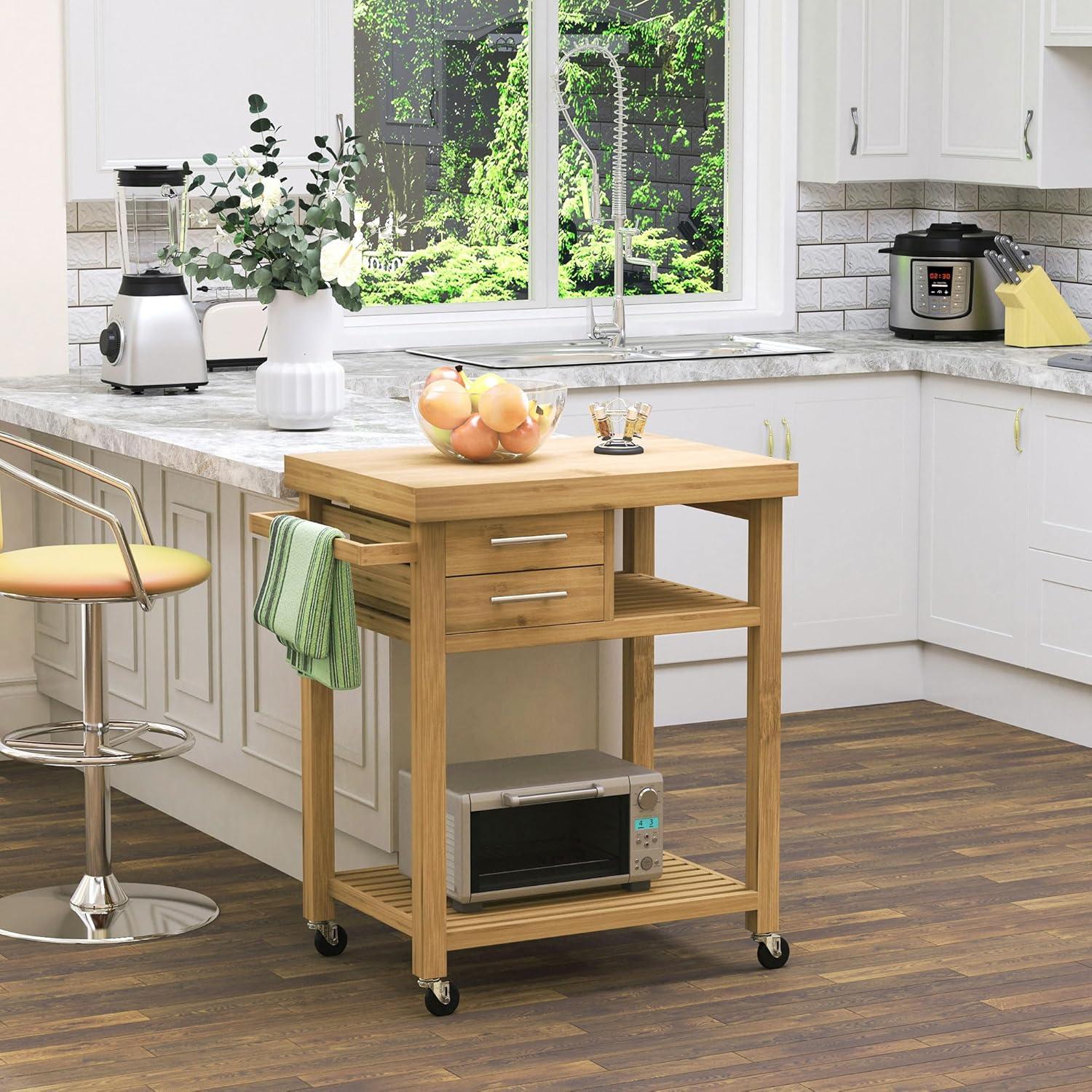 Natural Bamboo Kitchen Island Cart with Storage Drawers and Shelves