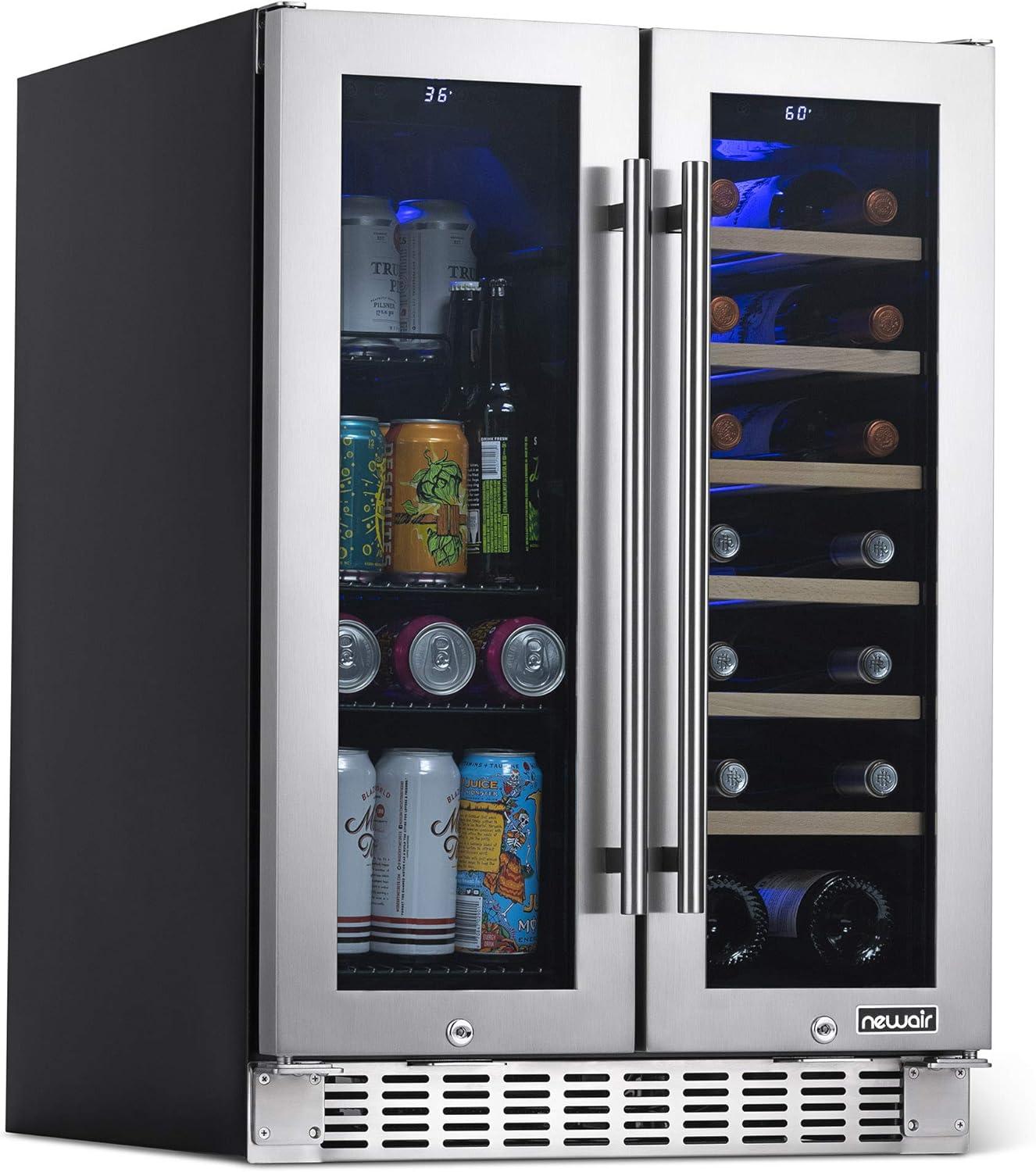 Newair 24" Premium Built-in Dual Zone 18 Bottle and 58 Can French Door Wine and Beverage Fridge