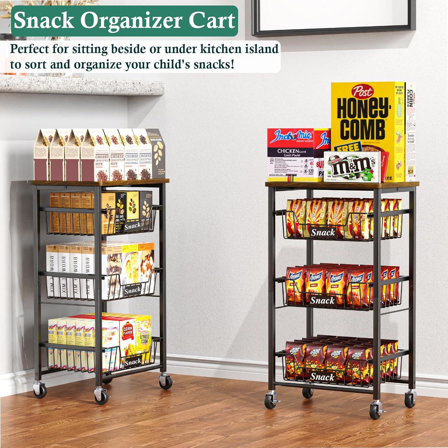 Small Kitchen Storage Cart On Wheels, Metal Fruit Basket Stand With Pull-Out Baskets & Wood Top For Potato Onion Produce Snack Veggies,(4-Tier /Black+ Rustic Board)