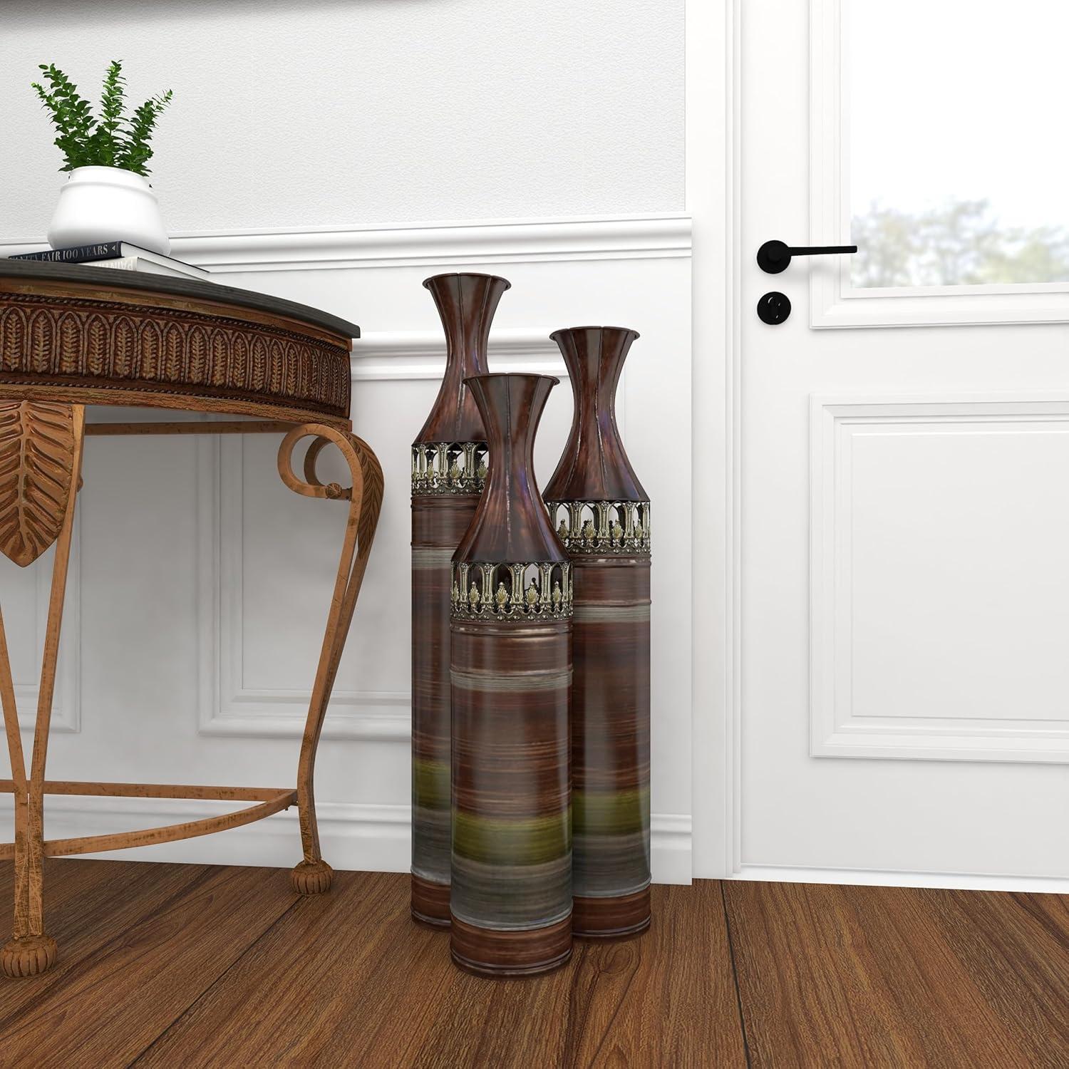 DecMode 34", 31", 28"H Tall Ombre Bronze Metal Vase with Laser Cut Antefix Design, Set of 3