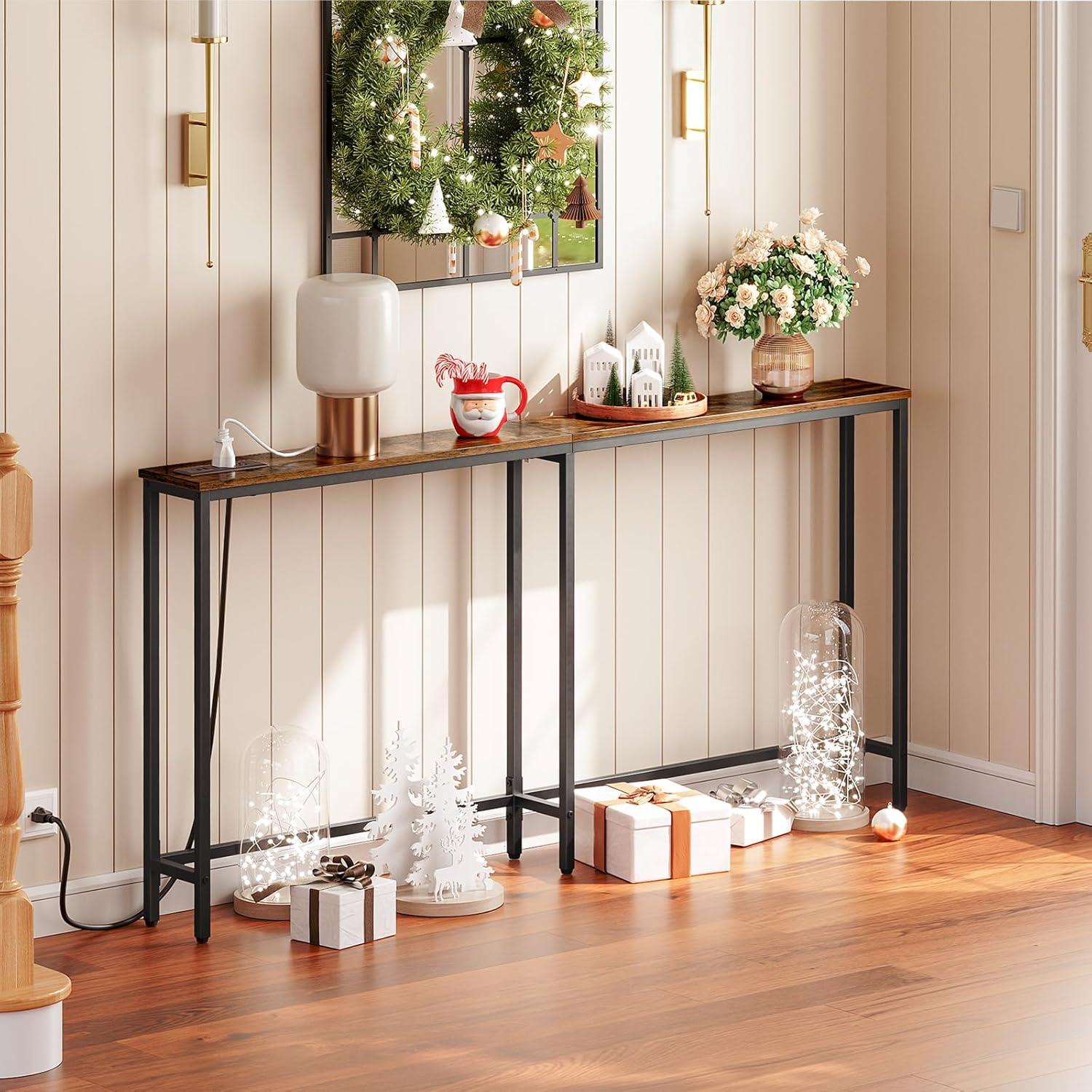 Console Table with Power Outlet, 63" Narrow Sofa Industrial Entryway Behind Couch Table with USB Ports for Entryway, Hallway, Foyer, Living Room, Bedroom CTHR16E01Z