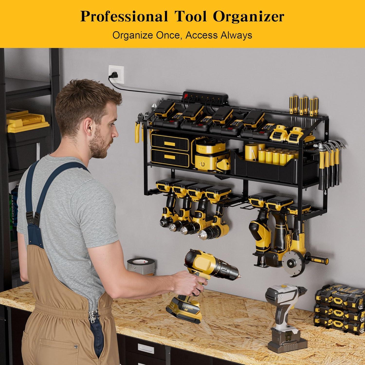 Spampur Power Tool Organizer Wall Mount with Charging Station, Garage Tool Shelf 6 Drill Holders, Tool Battery Holder with Plier holder Heavy Duty Rack, Tool Storage Rack with 4 Outlet Power Strip