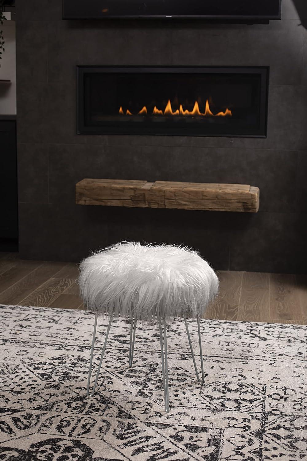 BirdRock Home Round Faux Fur Foot Stool Ottoman - Grey with Silver Legs