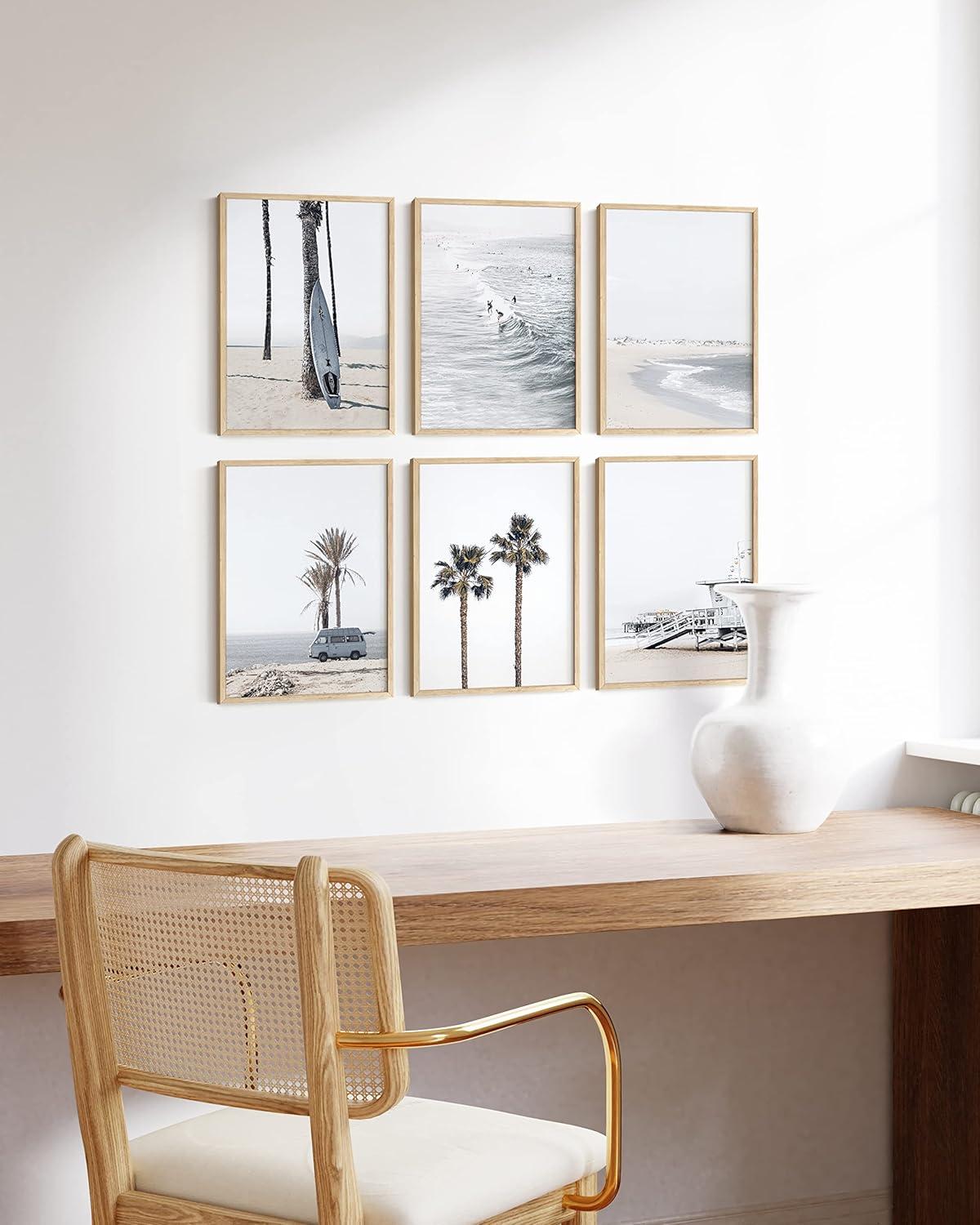 Set of 6 Beige Framed Coastal Beach Art Prints