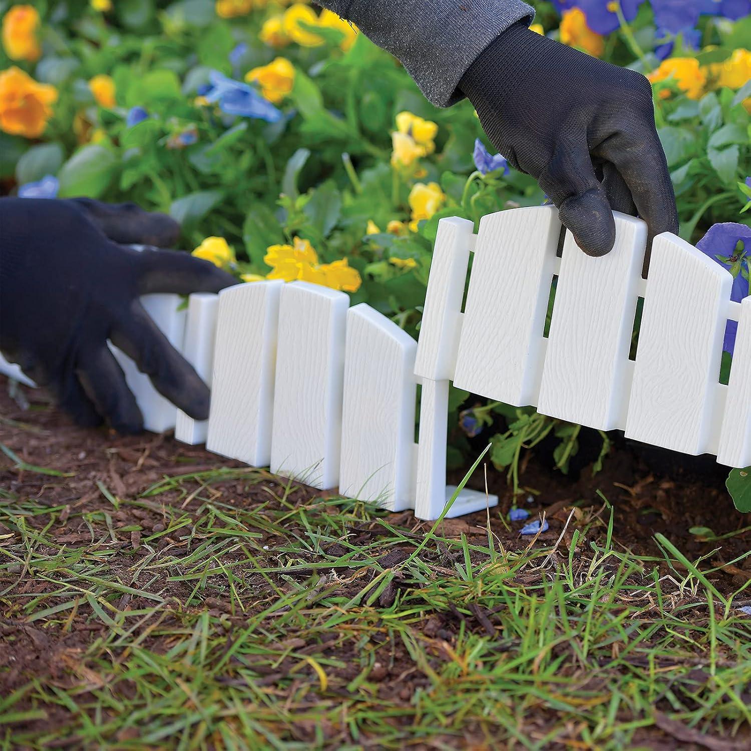 EasyFlex No-Dig Landscape Edging with Anchoring Spikes, 4.5 in. Tall Decorative Adirondack Wood-Look Fence Garden Border, 15 Foot Kit, White (3600WT-15C-6)