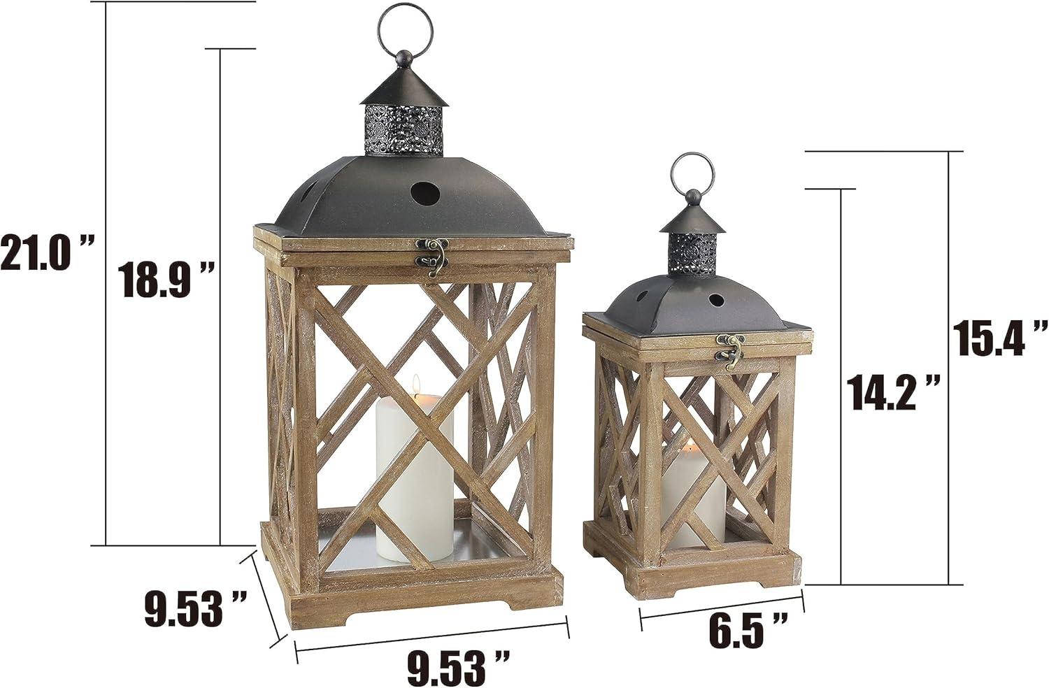 Stonebriar Collection Set of 2 Wooden and Metal Hurricane Candles Lantern Brown : Indoor/Outdoor, Pillar Compatible