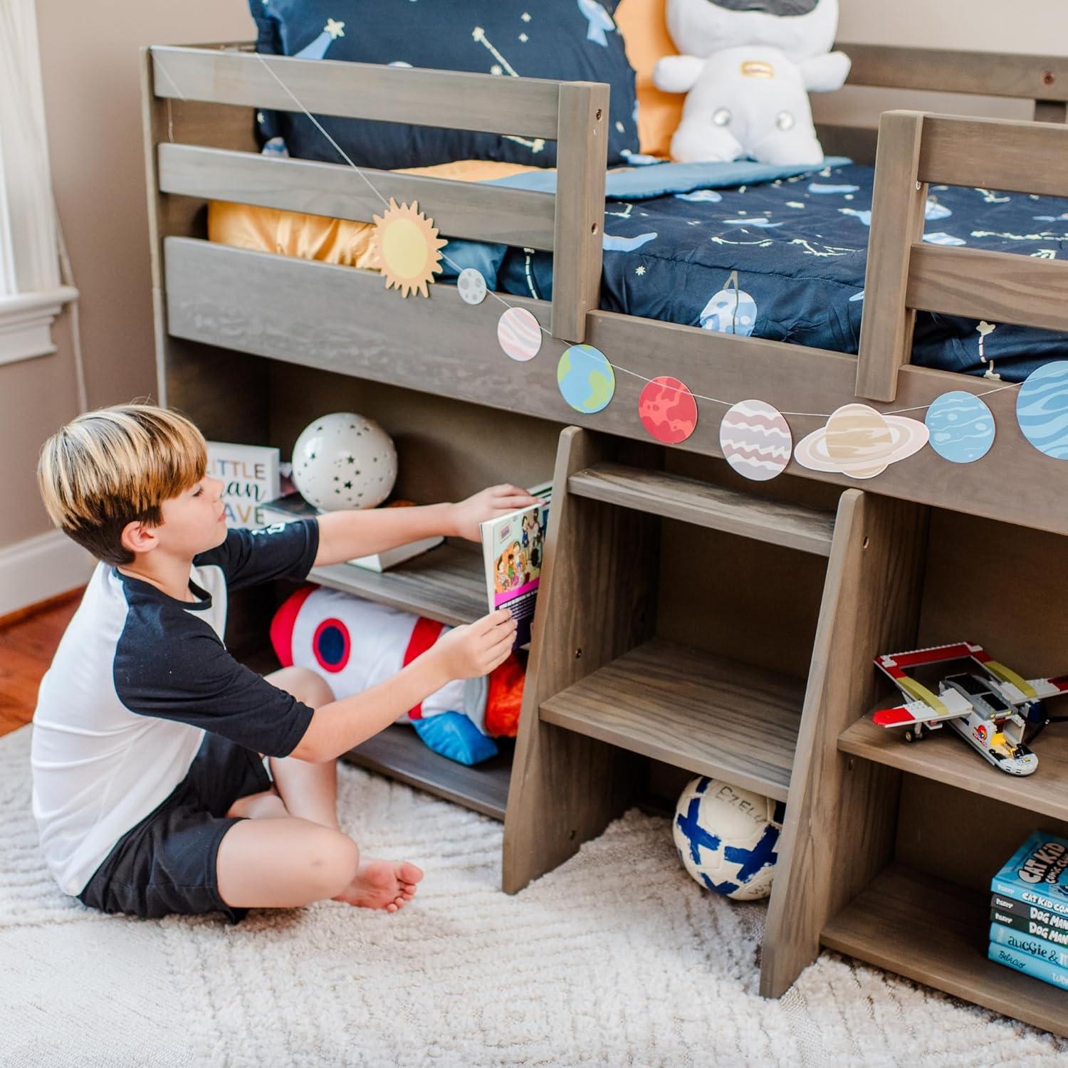 Max & Lily Solid Wood Modern Farmhouse Low Loft Bed, Twin Bed Frame for Kids with 2 Bookcases