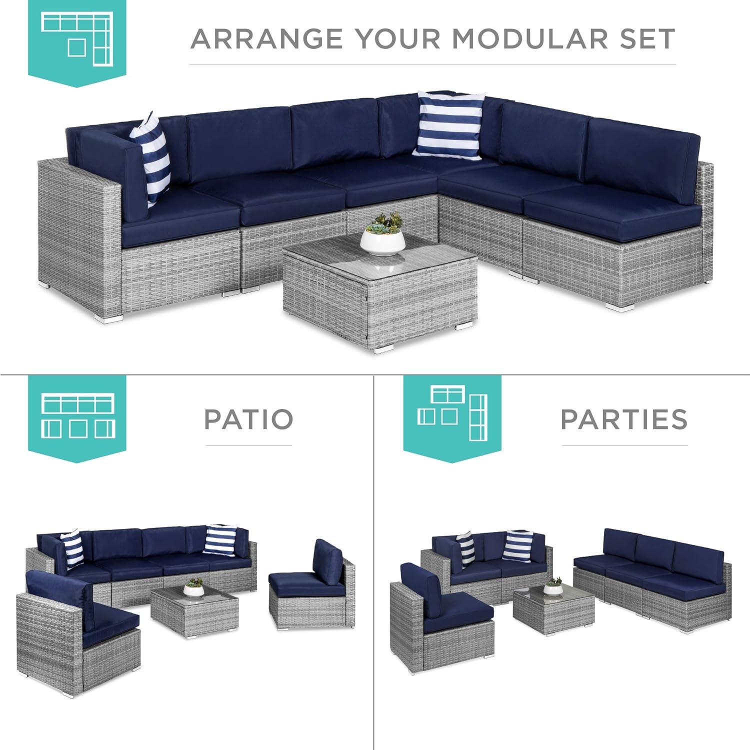 Best Choice Products 7-Piece Outdoor Modular Patio Conversation Furniture, Wicker Sectional Set - Gray/Navy