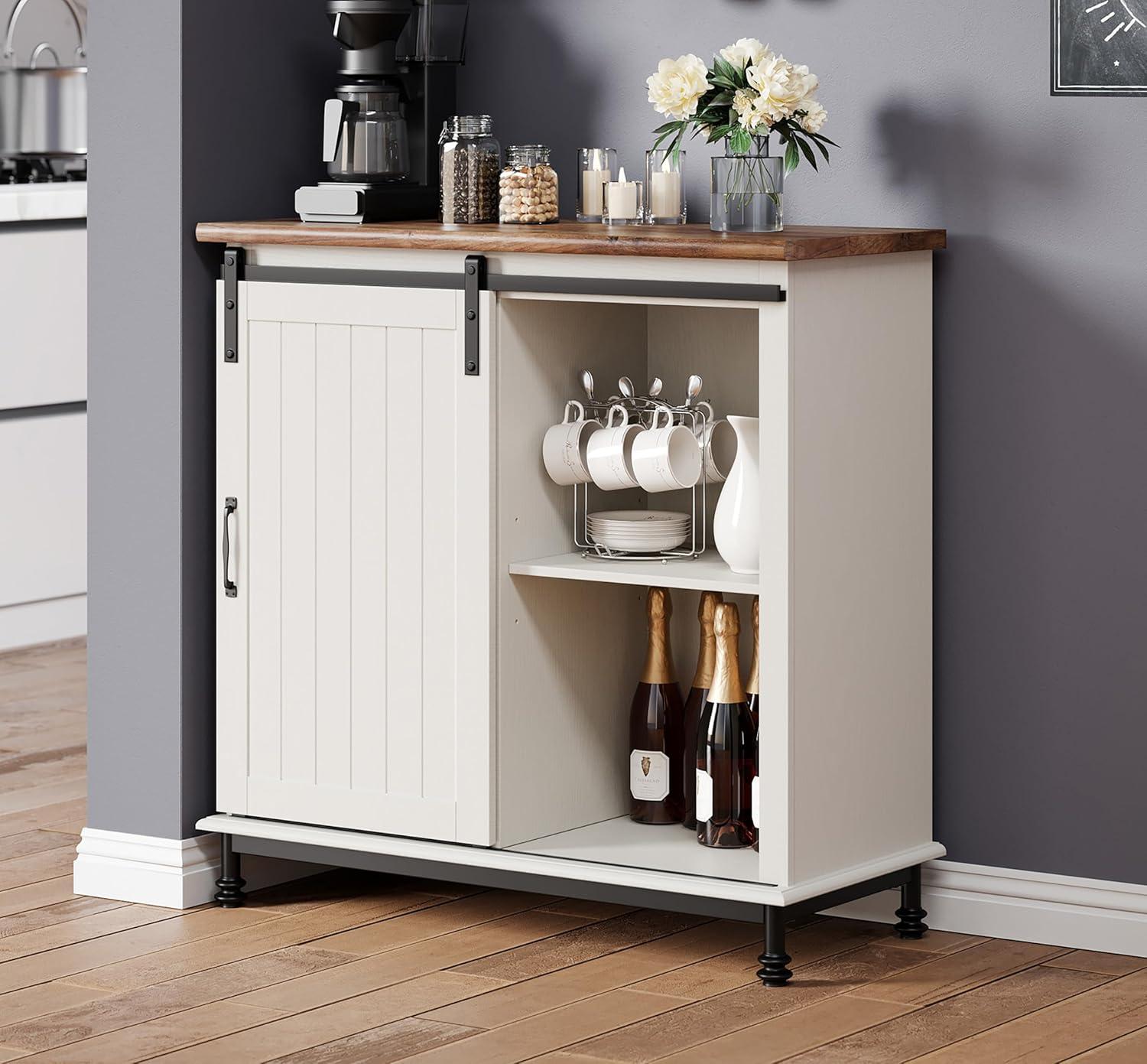 WAMPAT Farmhouse Coffee Bar Cabinet with Sliding Barn Door, Wood Sideboard Buffet Cabinet with Adjustable Shelf & Metal Leg, Kitchen Cabinet for Dining Room, Living Room, White, 35 Inch